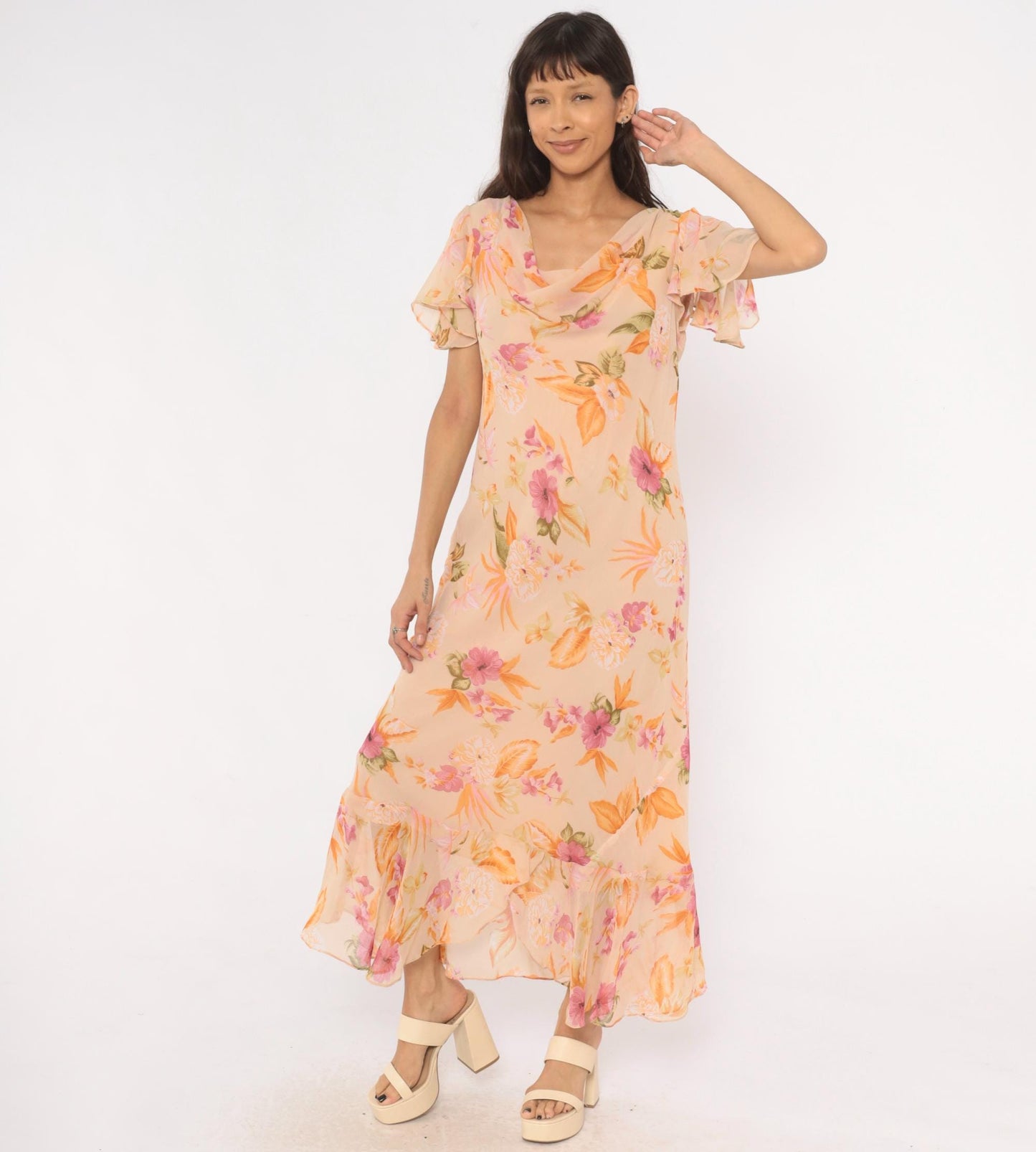 80s Jessica Taylor Peach Floral Maxi Dress Flutter Sleeve Cowl Neck Large L