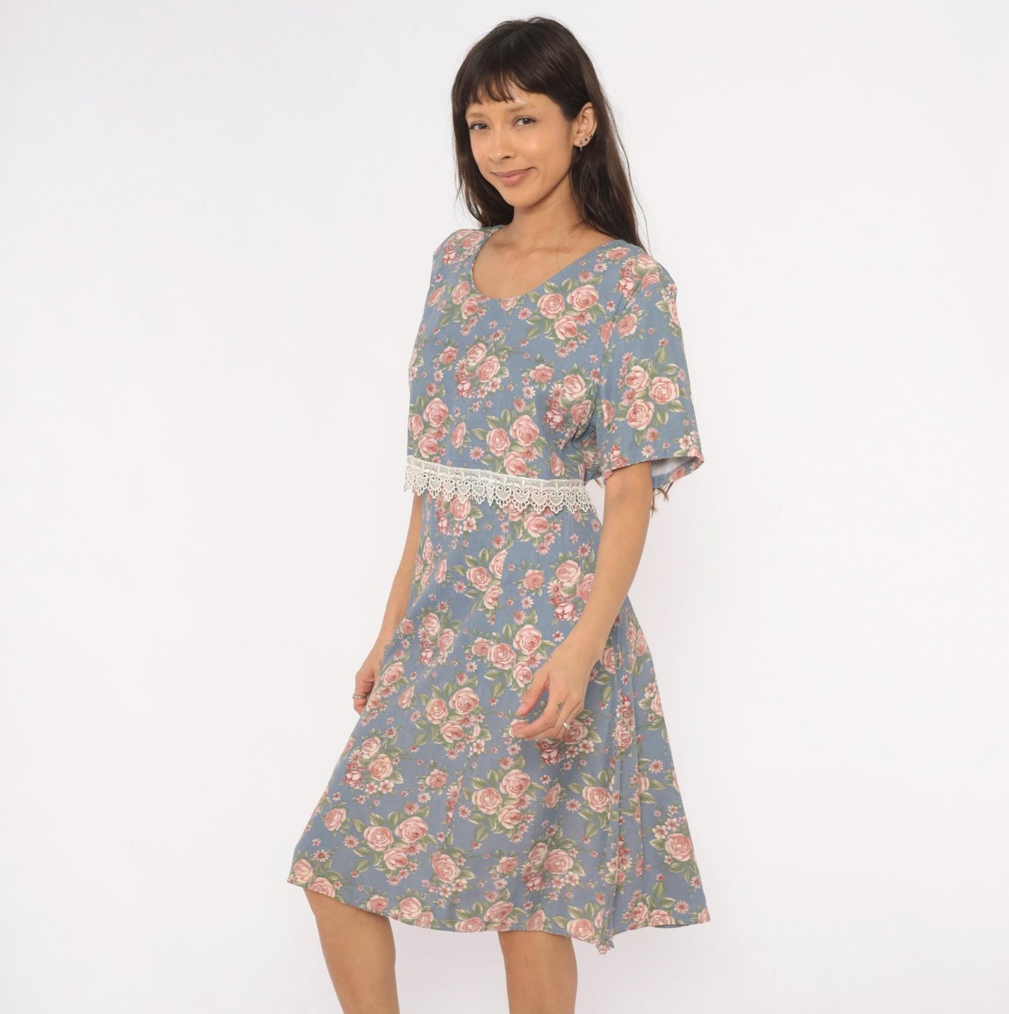 90s Ms. Basia California Floral Dress Dusty Blue Rose Print Flutter Sleeve Large L