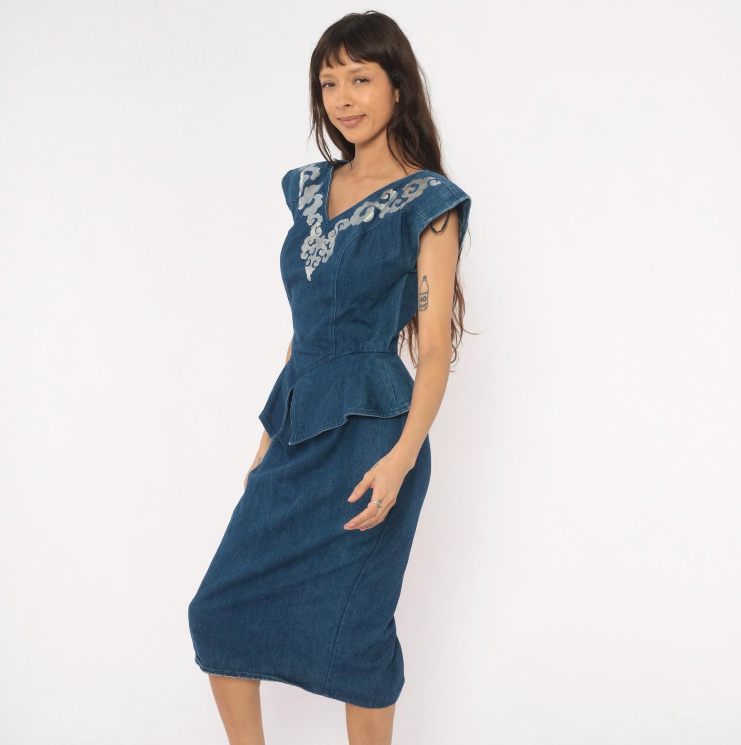 80s Young Edwardian Navy Denim Midi Dress Silver Applique Peplum Small