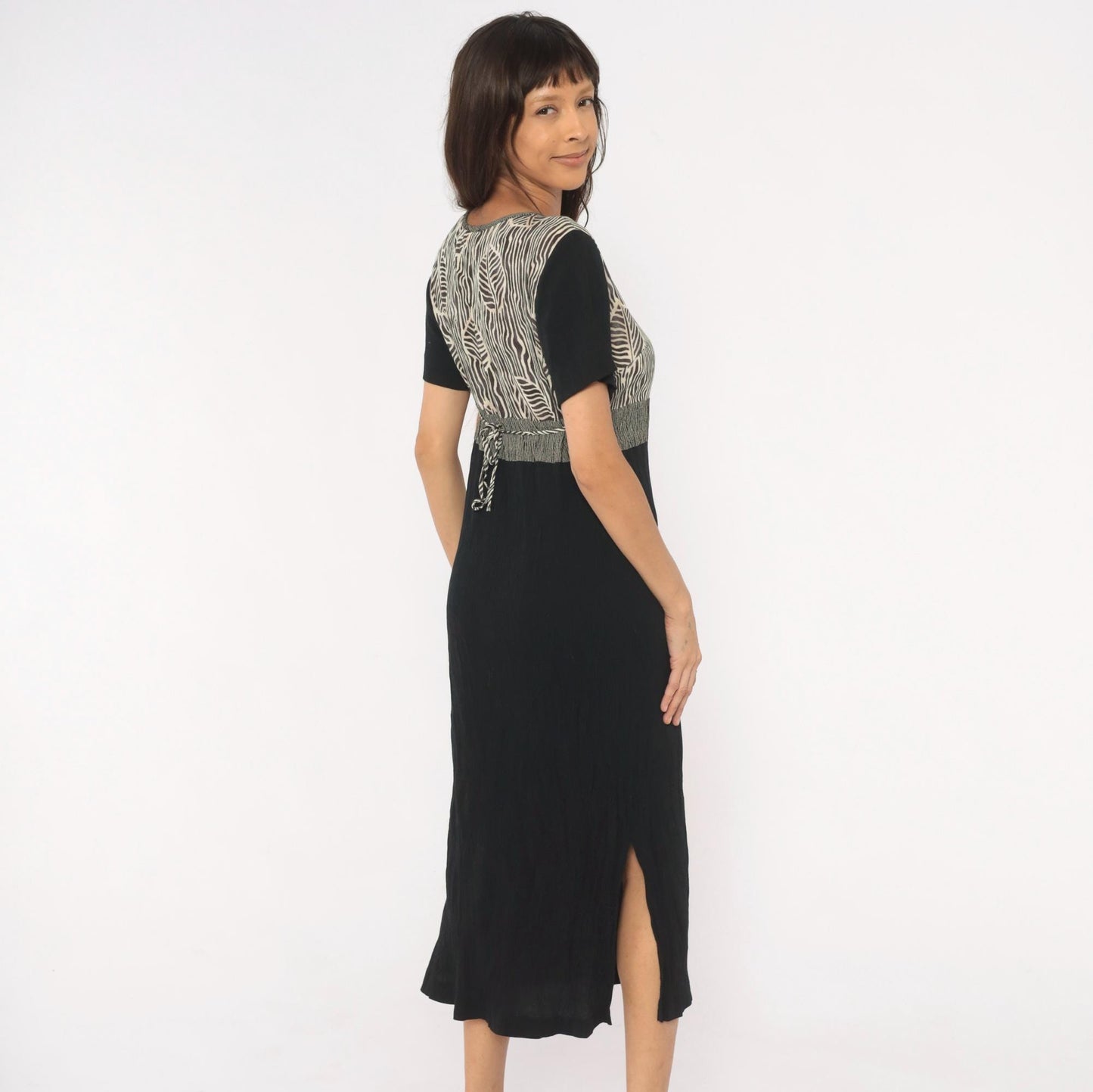 90s Naturally Petite Zebra Leaf Midi Dress Black Cream Floral Small