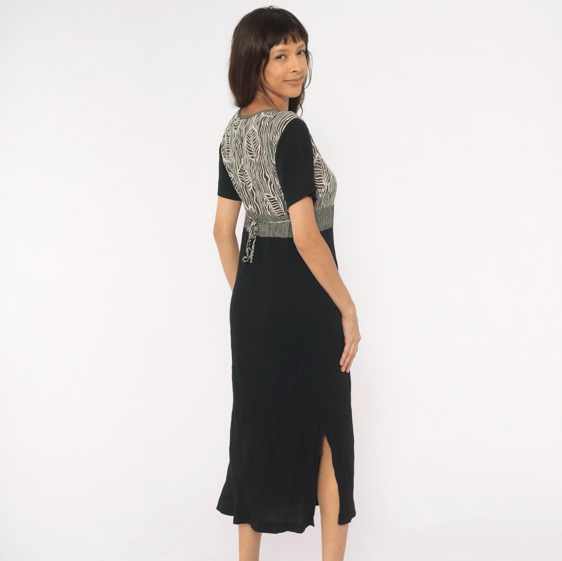 90s Naturally Petite Zebra Leaf Midi Dress Black Cream Floral Small