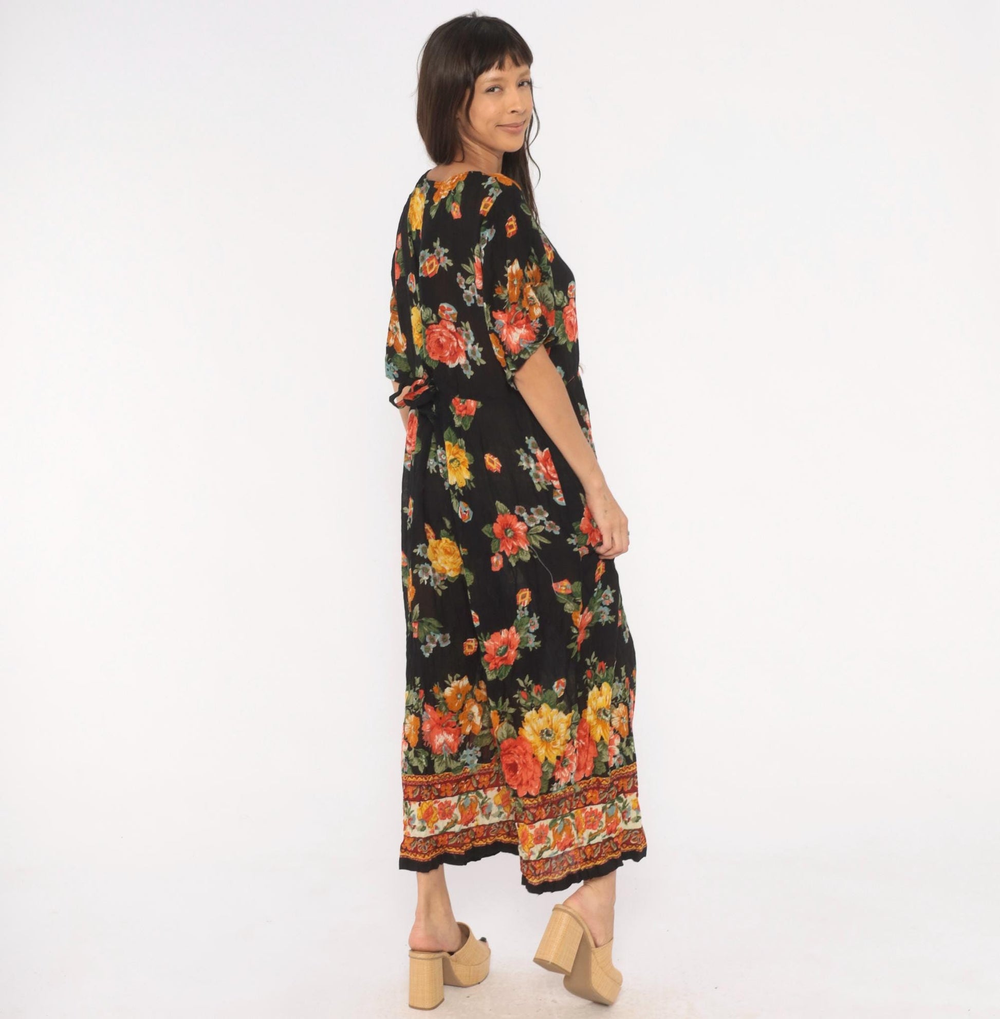 90s La Cera Floral Jumpsuit Black Rose Wide Leg V Neck Short Sleeve Extra Large XL