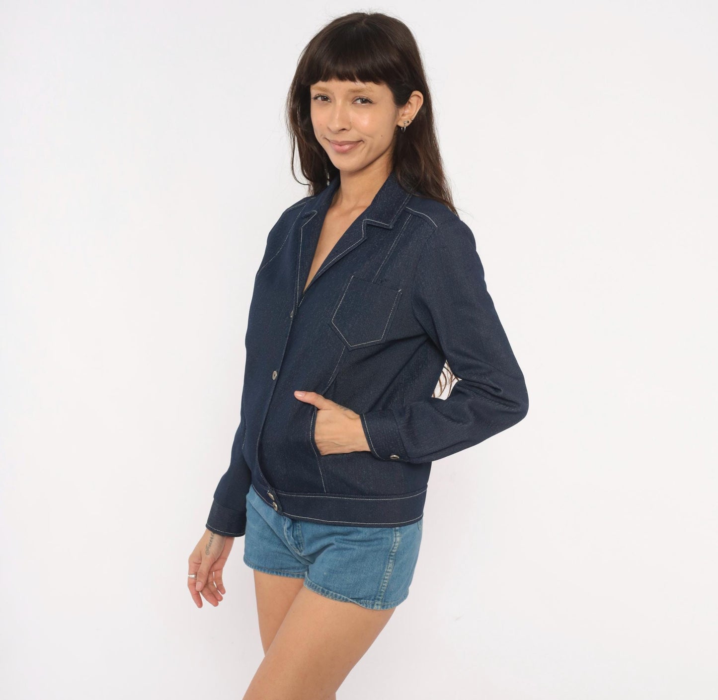 70s KokoKnits Denim Jacket Navy Snap Button Blazer Medium