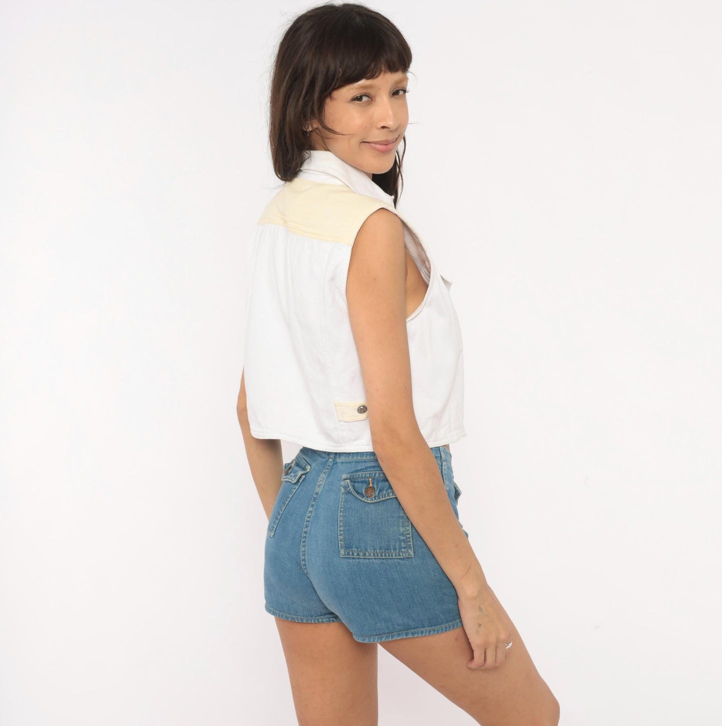 90s Ozark Western Crop Vest White Yellow Gingham Cotton Concho Medium M