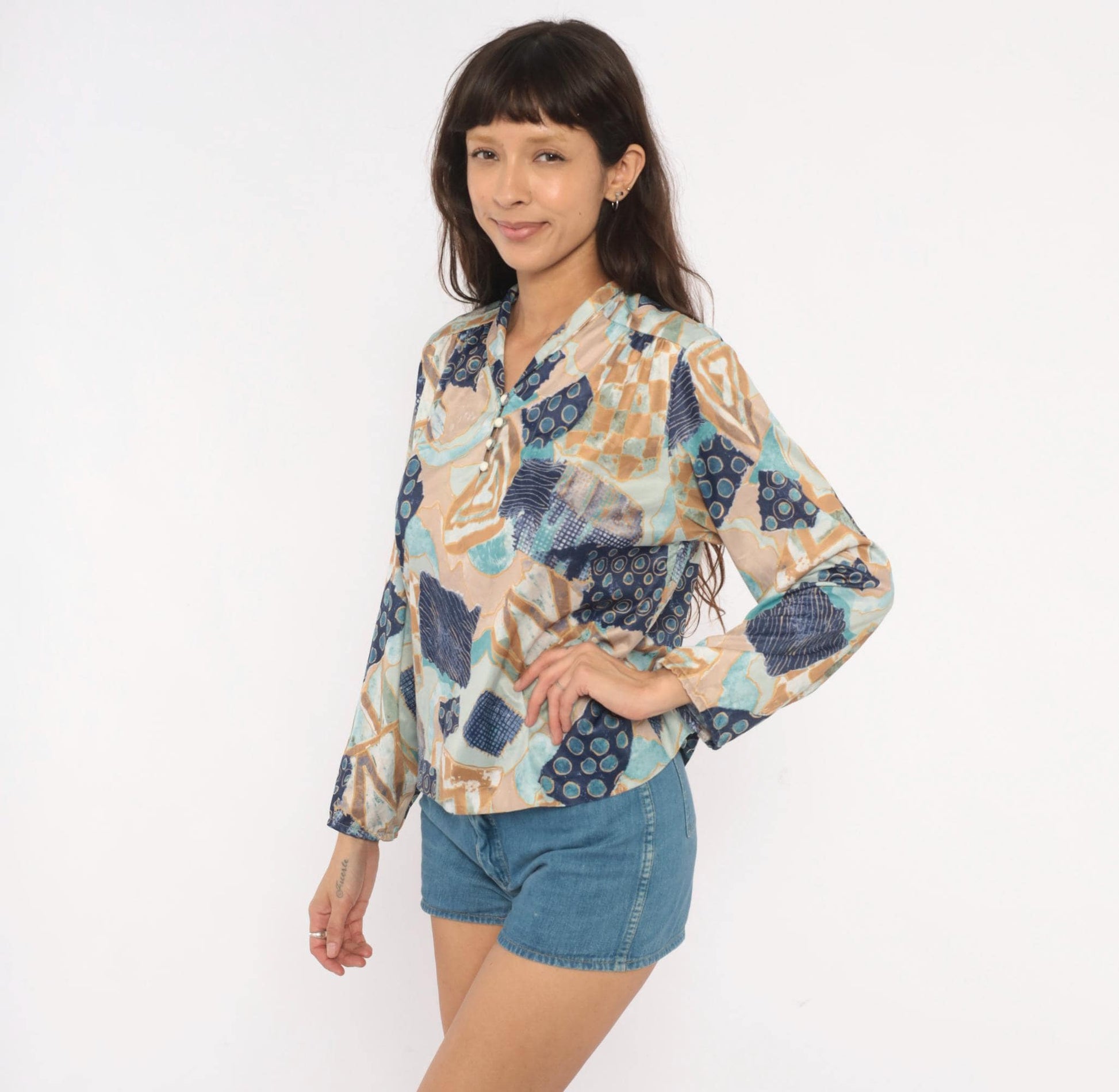 70s Village Fair Abstract Patchwork Blouse Geometric Print Teal Medium