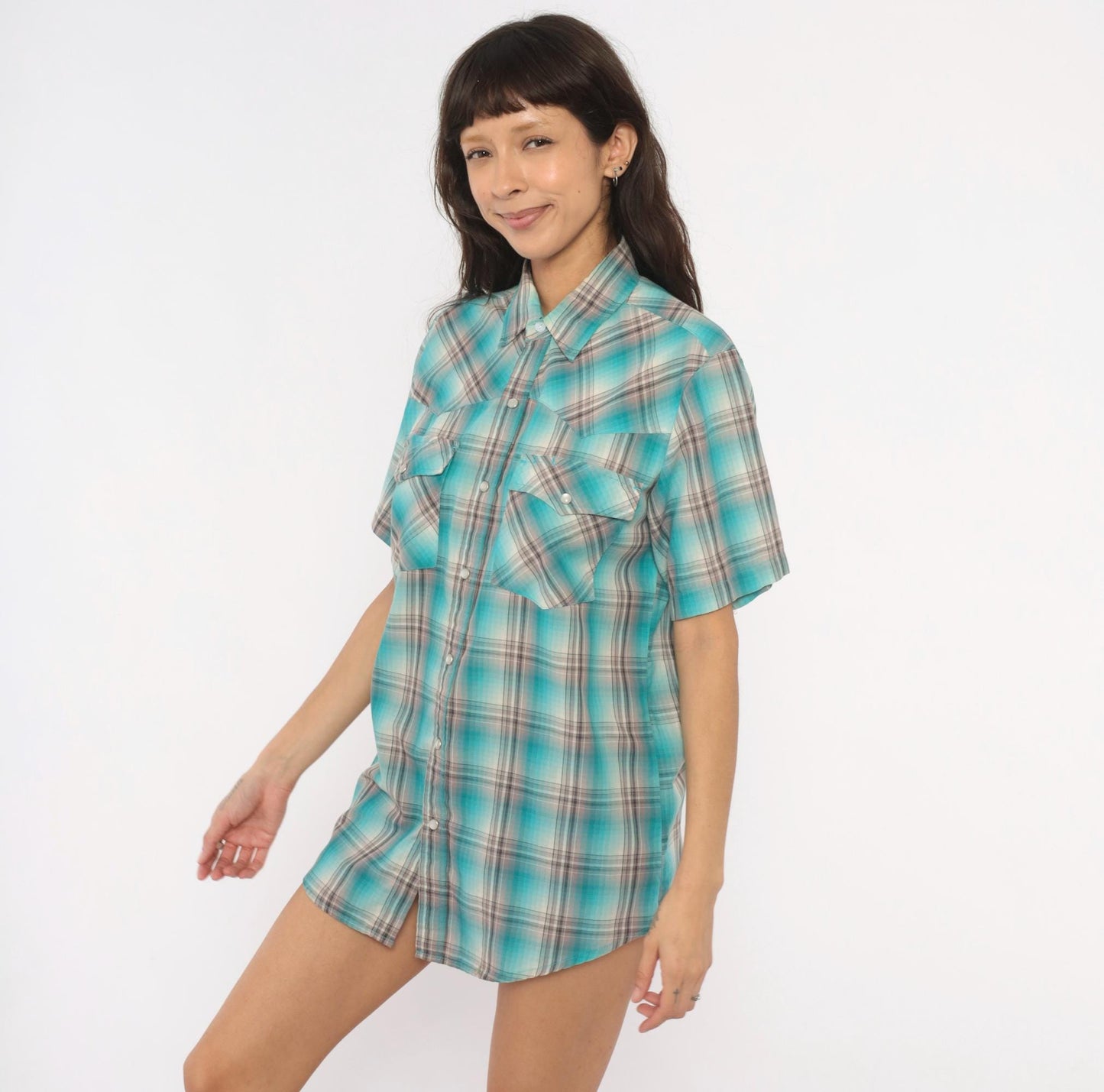 Y2K Rustic Ridge Western Plaid Snap Shirt Teal Grey Medium M