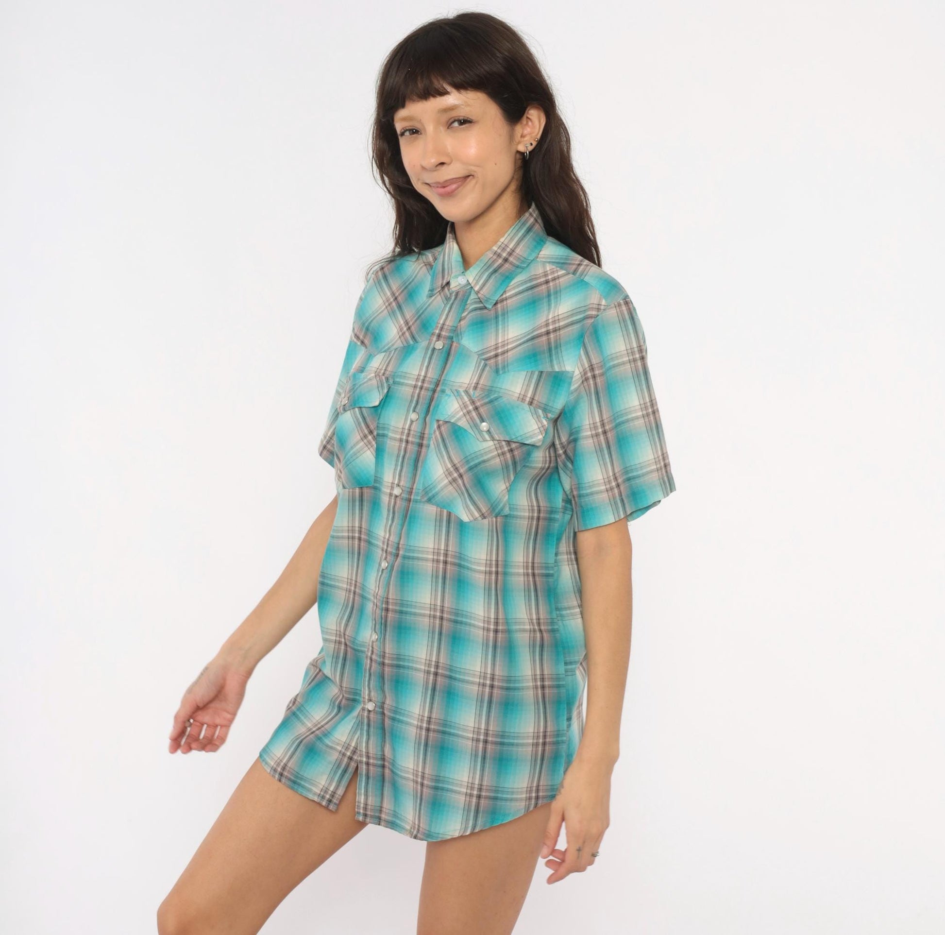 Y2K Rustic Ridge Western Plaid Snap Shirt Teal Grey Medium M