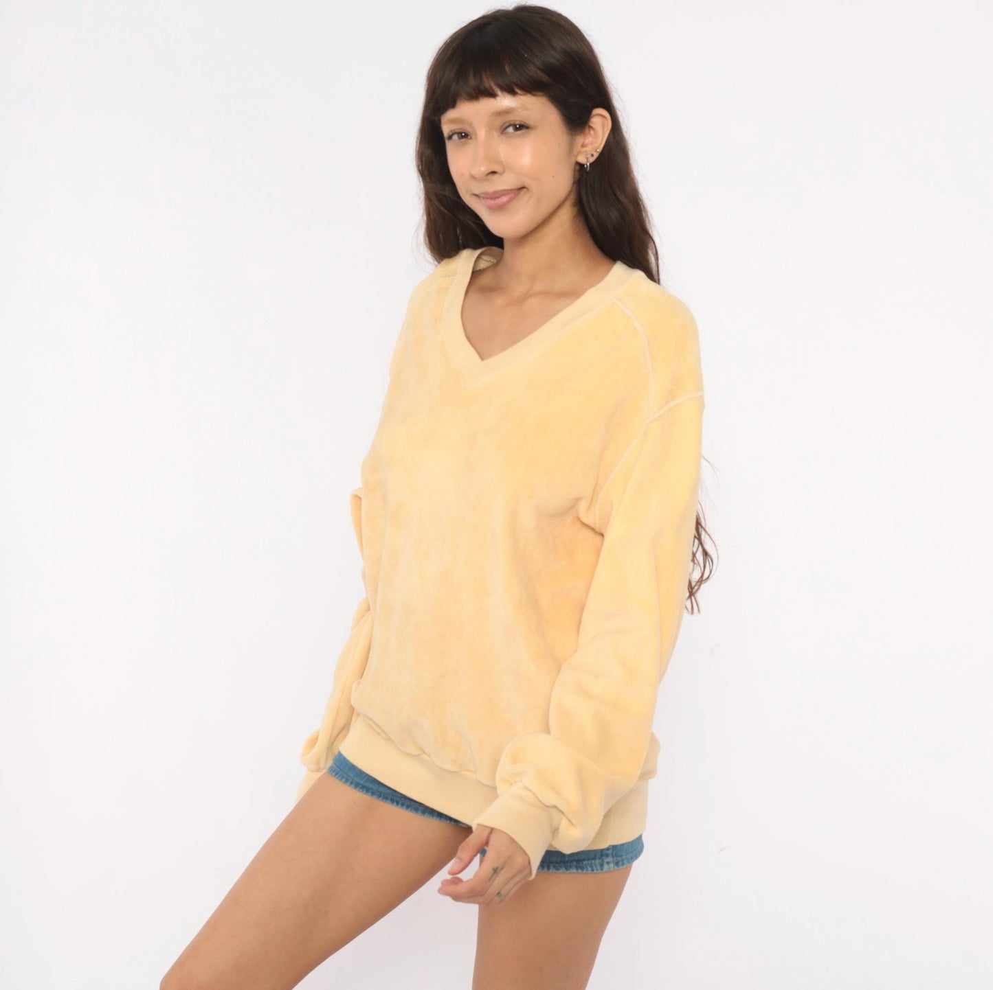 80s Admit One Velour Sweatshirt Cream Raglan V-Neck Extra Large XL