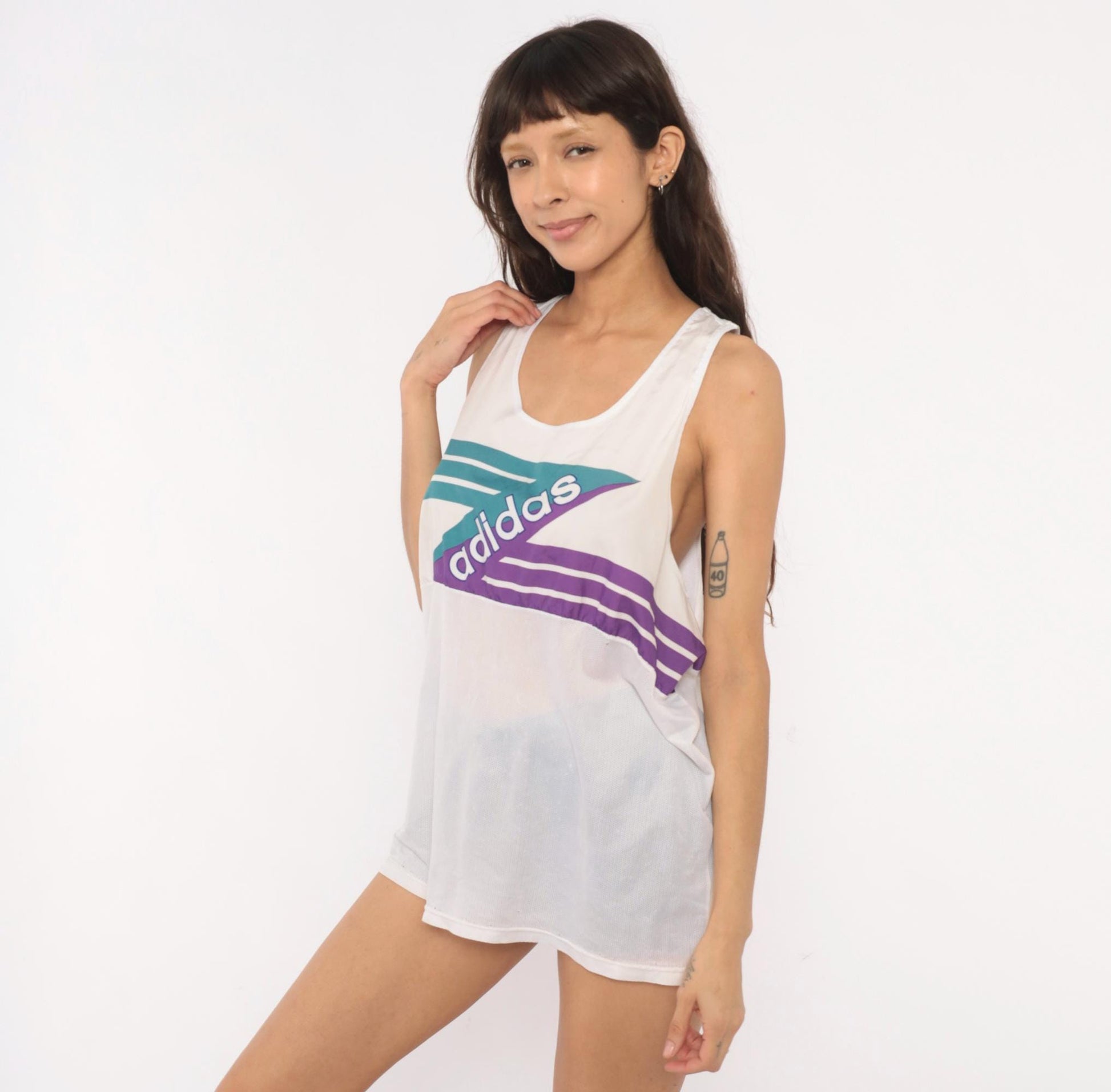 90s Adidas Tank Top White Teal Purple Mesh Athletic Sleeveless Extra Large XL