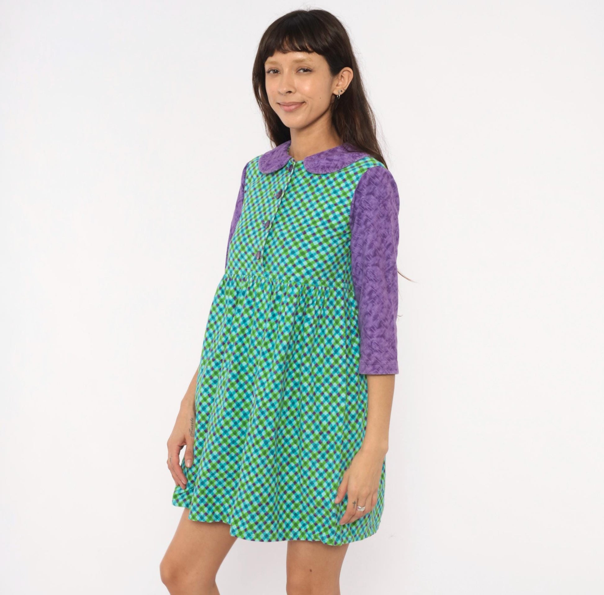 60s Babydoll Dress Purple Green Blue Gingham Peter Pan Collar Mini XS