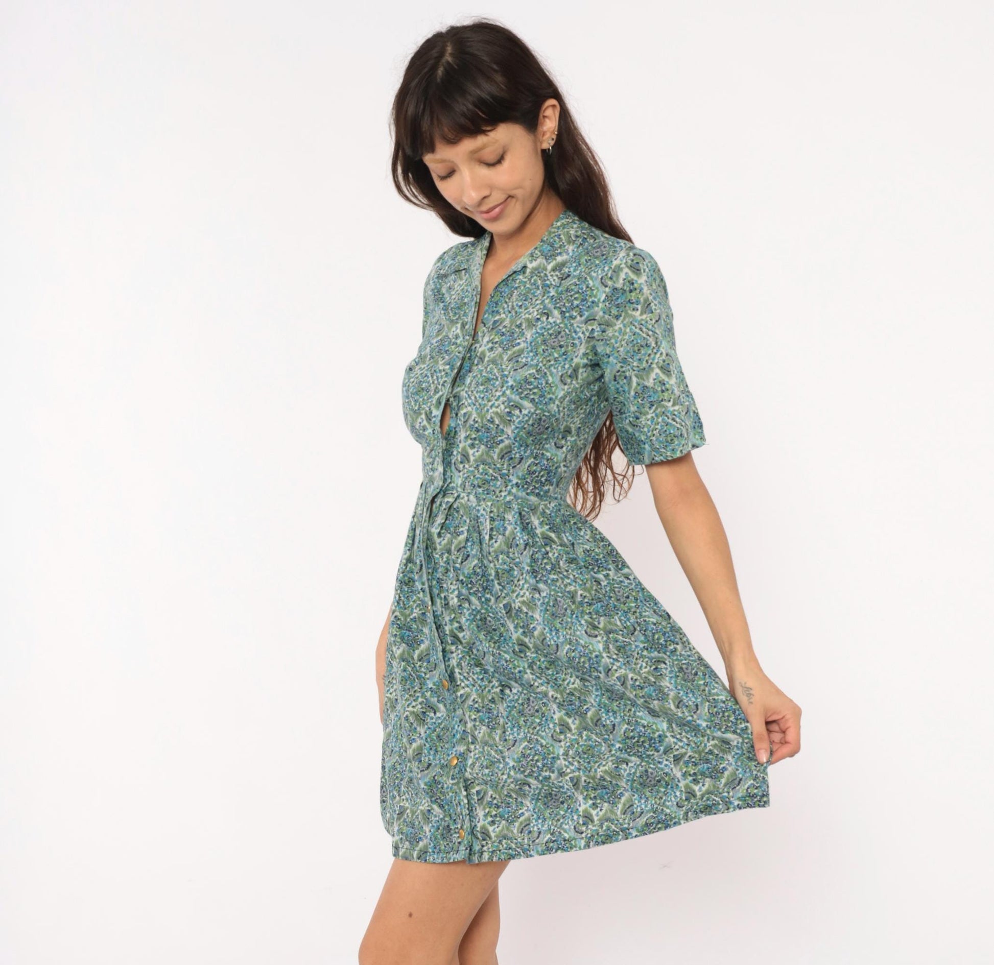 60s Penneys Brentwood Paisley Floral Shirtdress Blue Green Cotton Knee XS