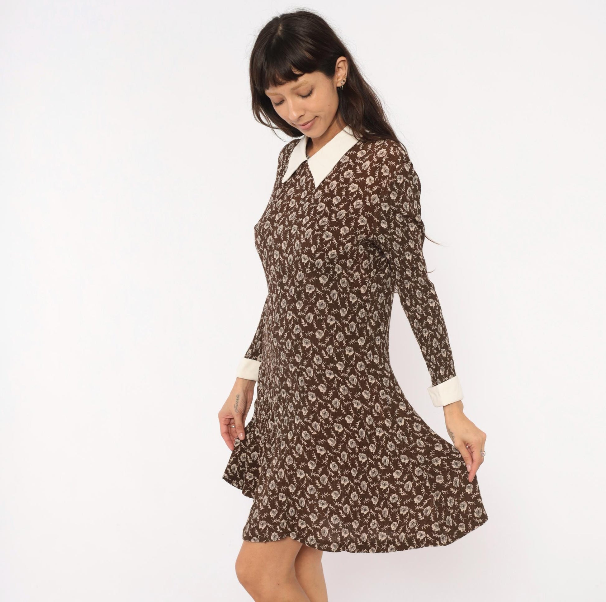90s Karin Stevens Floral Dress Brown Cream Pointed Collar Knee-Length Large L
