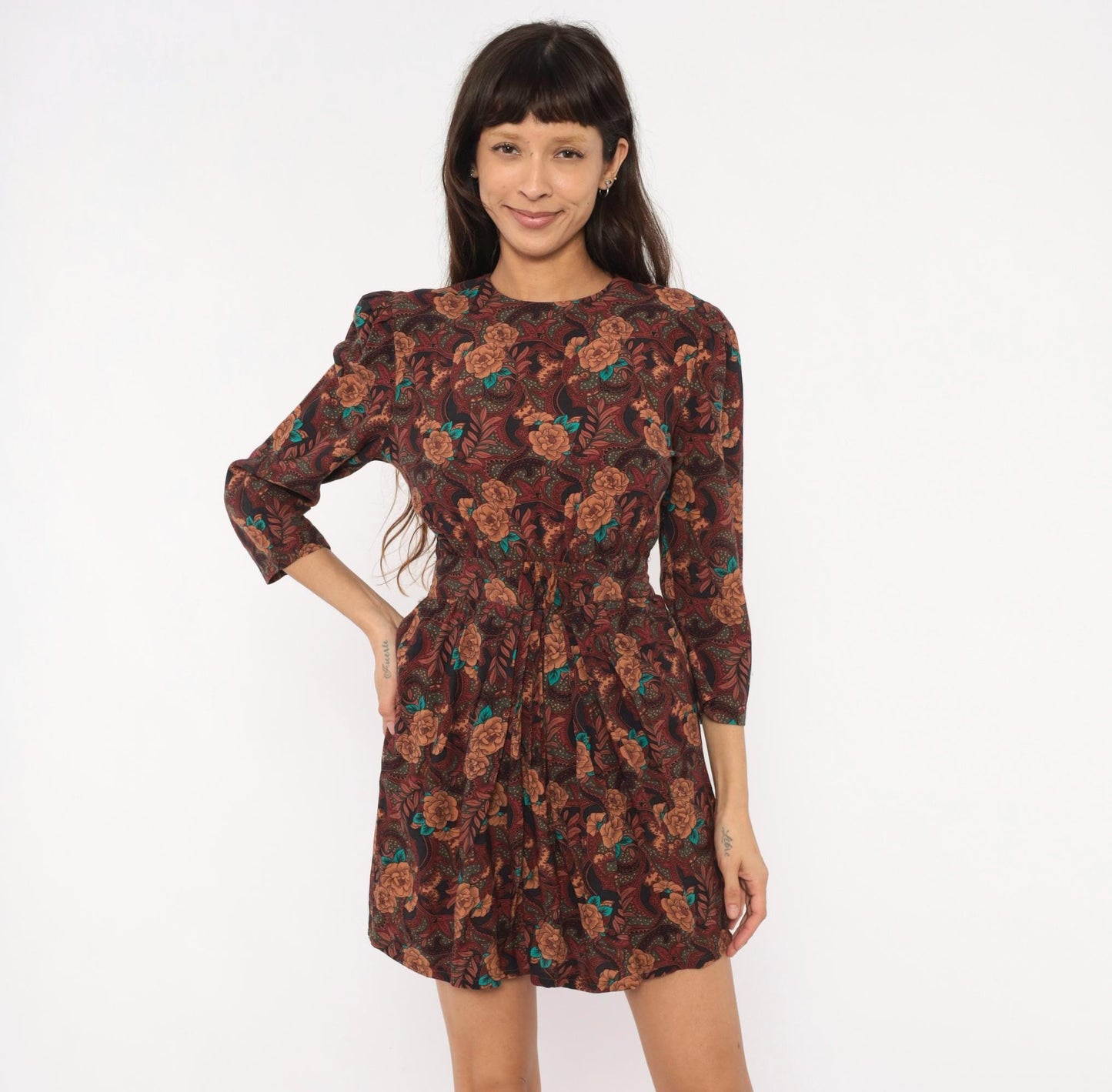 80s Karin Stevens Burgundy Floral Mini Dress Open Back Three Quarter Sleeve Medium