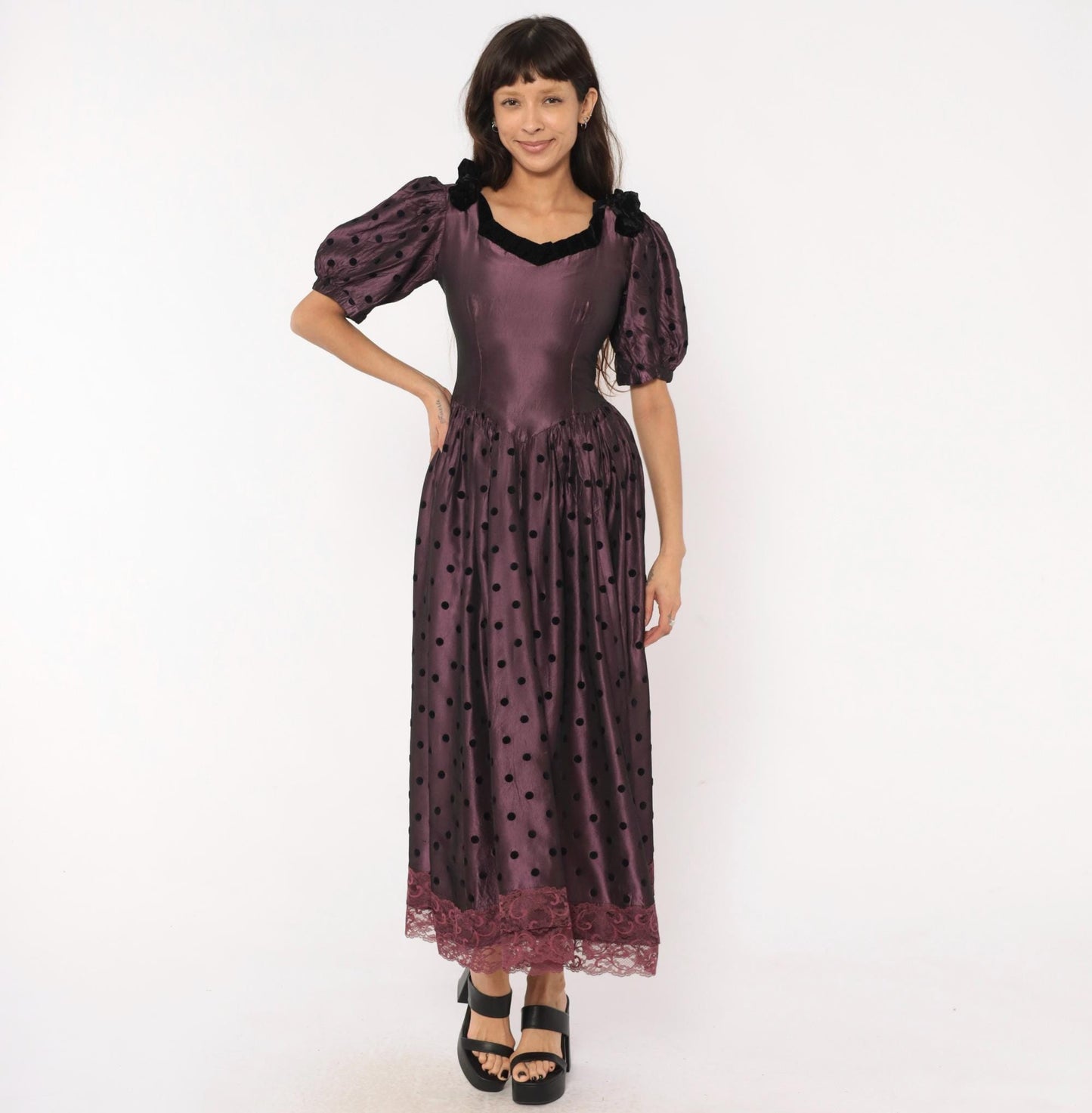 90s Plum Polka Dot Velvet Trim Puff Sleeve Gown V Neck Small