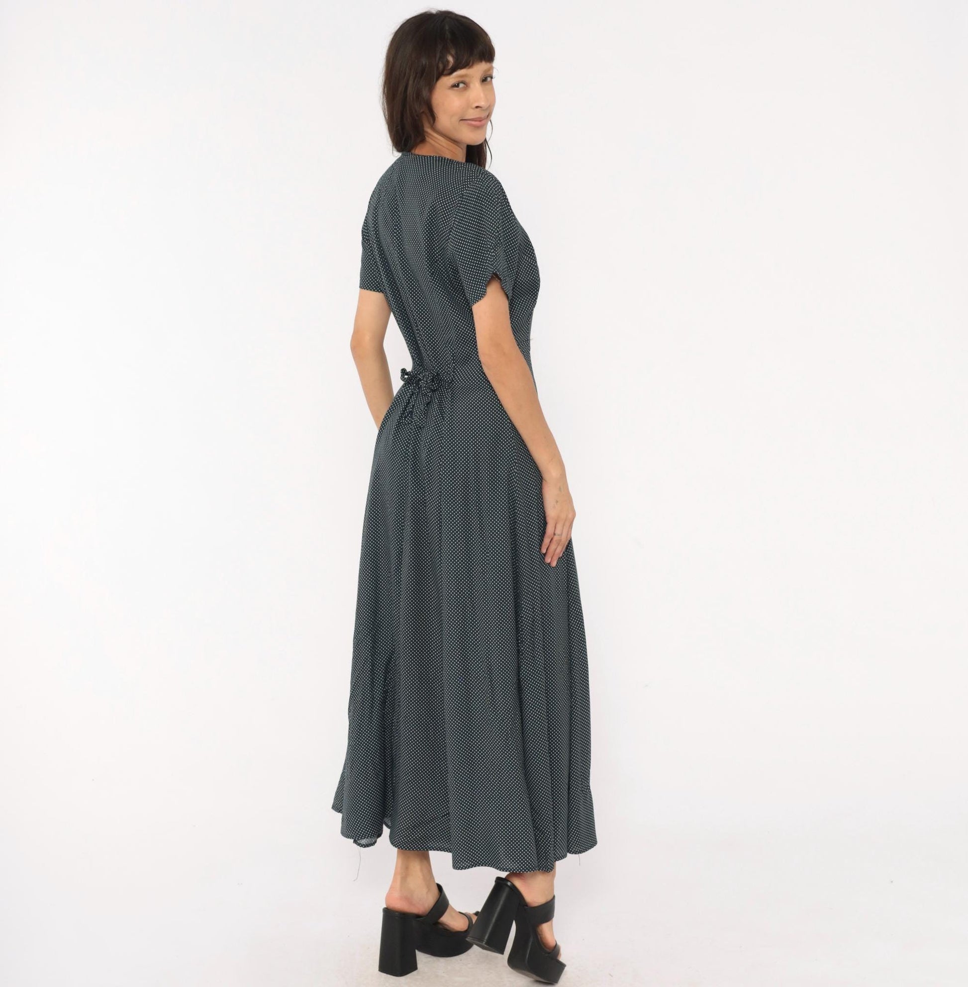 90s New York Style Navy Polka Dot Maxi Dress Button Front Flutter Sleeve Large L