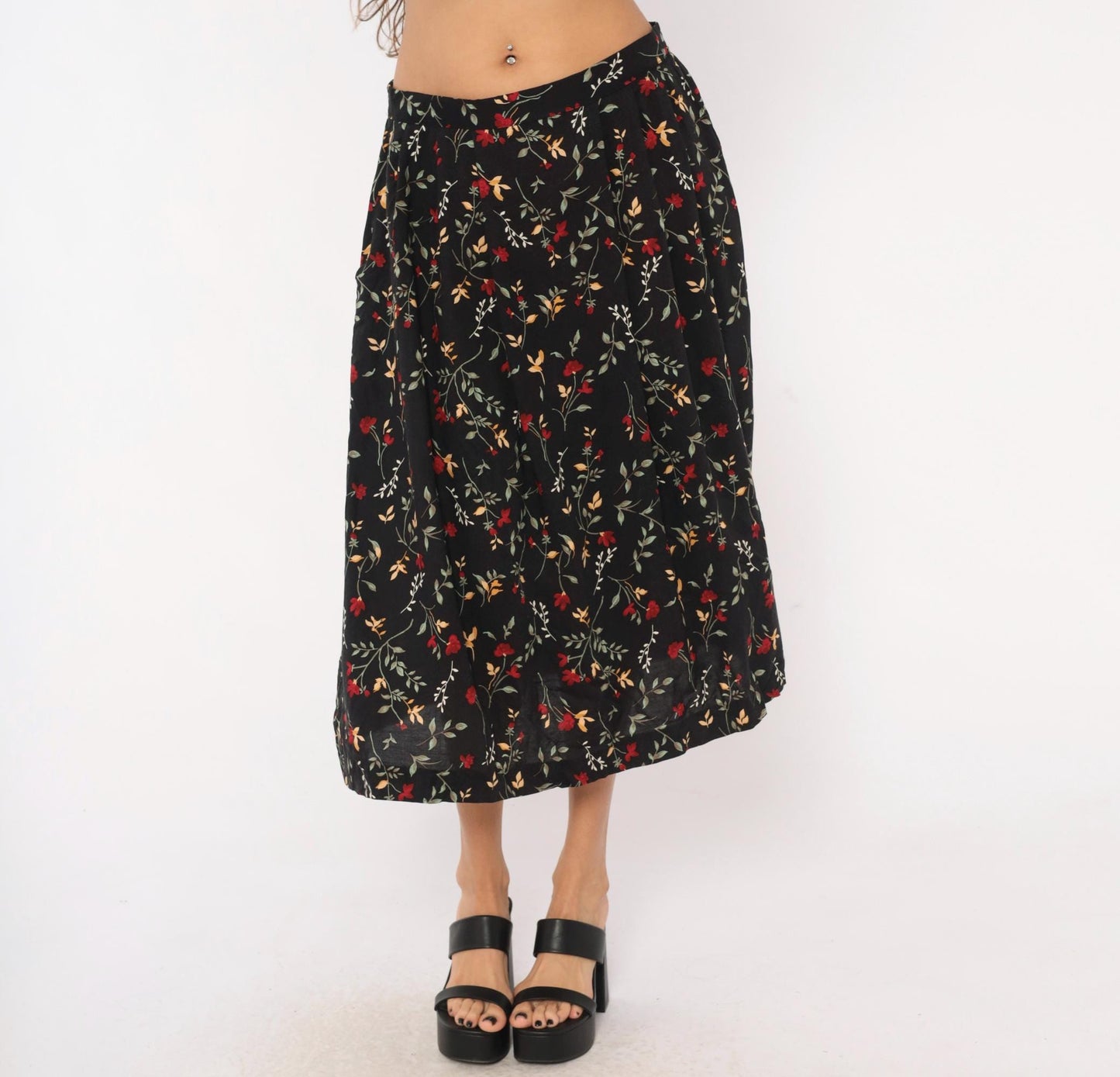 90s Appleseeds Botanical Midi Skirt Black Floral Red Green Extra Large XL