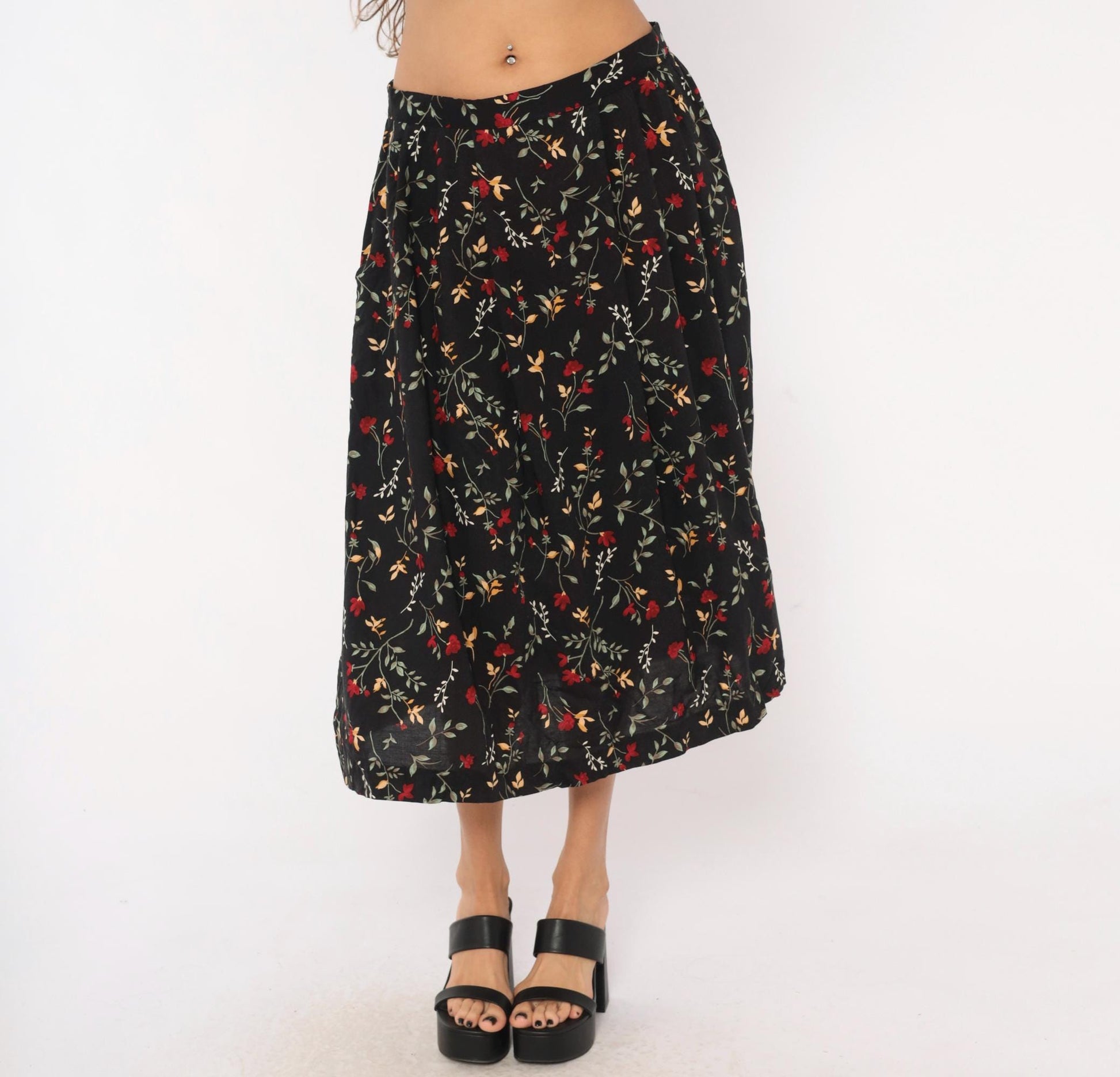 90s Appleseeds Botanical Midi Skirt Black Floral Red Green Extra Large XL