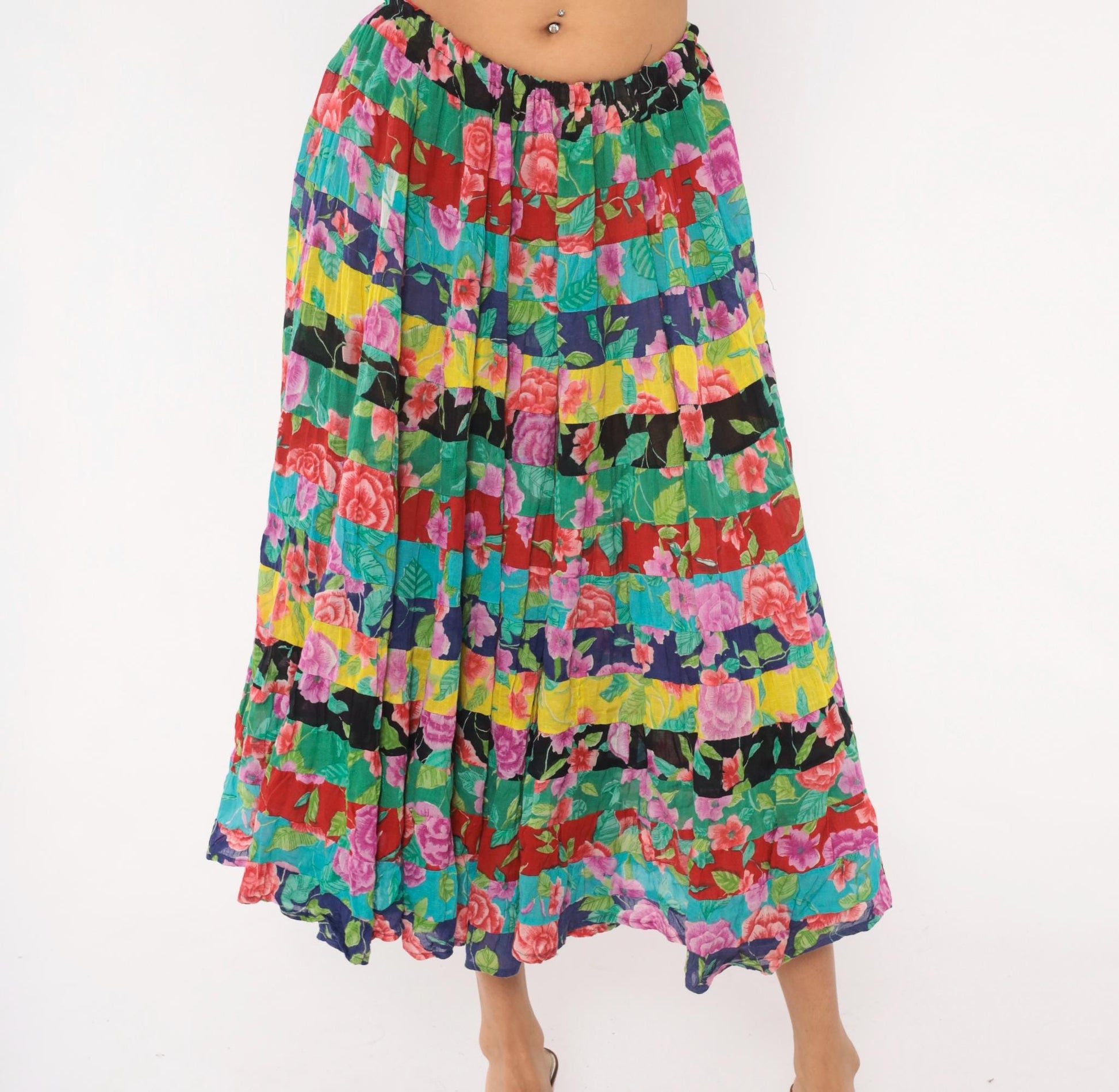 90s Sportique Patchwork Tiered Skirt Floral Rose Cotton Gauze Small