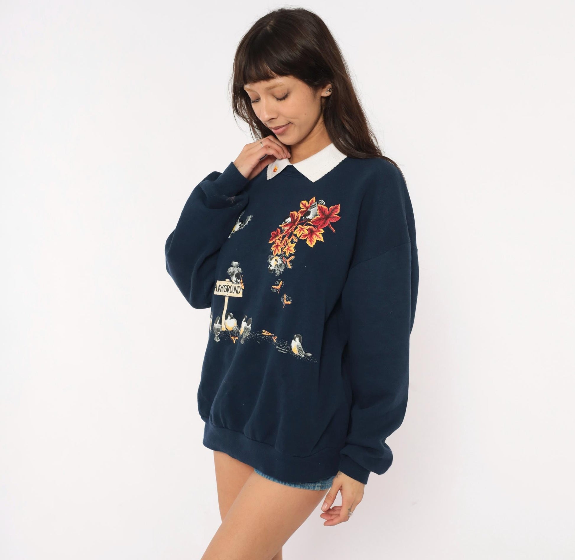 90s Morning Sun Chickadee Sweatshirt Navy Blue Autumn Leaves Collared Graphic Extra Large