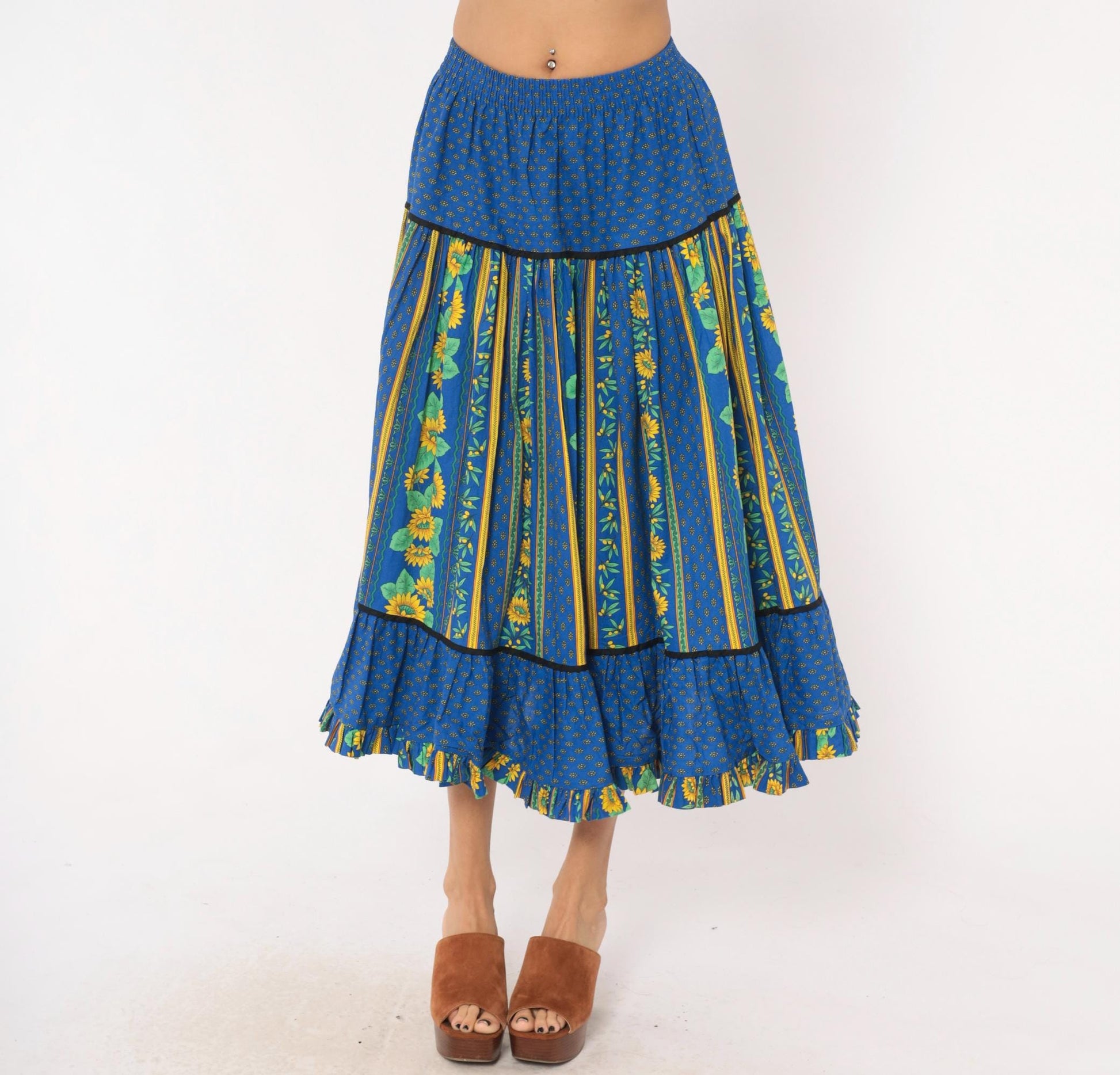 90s Solymod Sunflower Tiered Midi Skirt Blue Cotton Ruffle Small