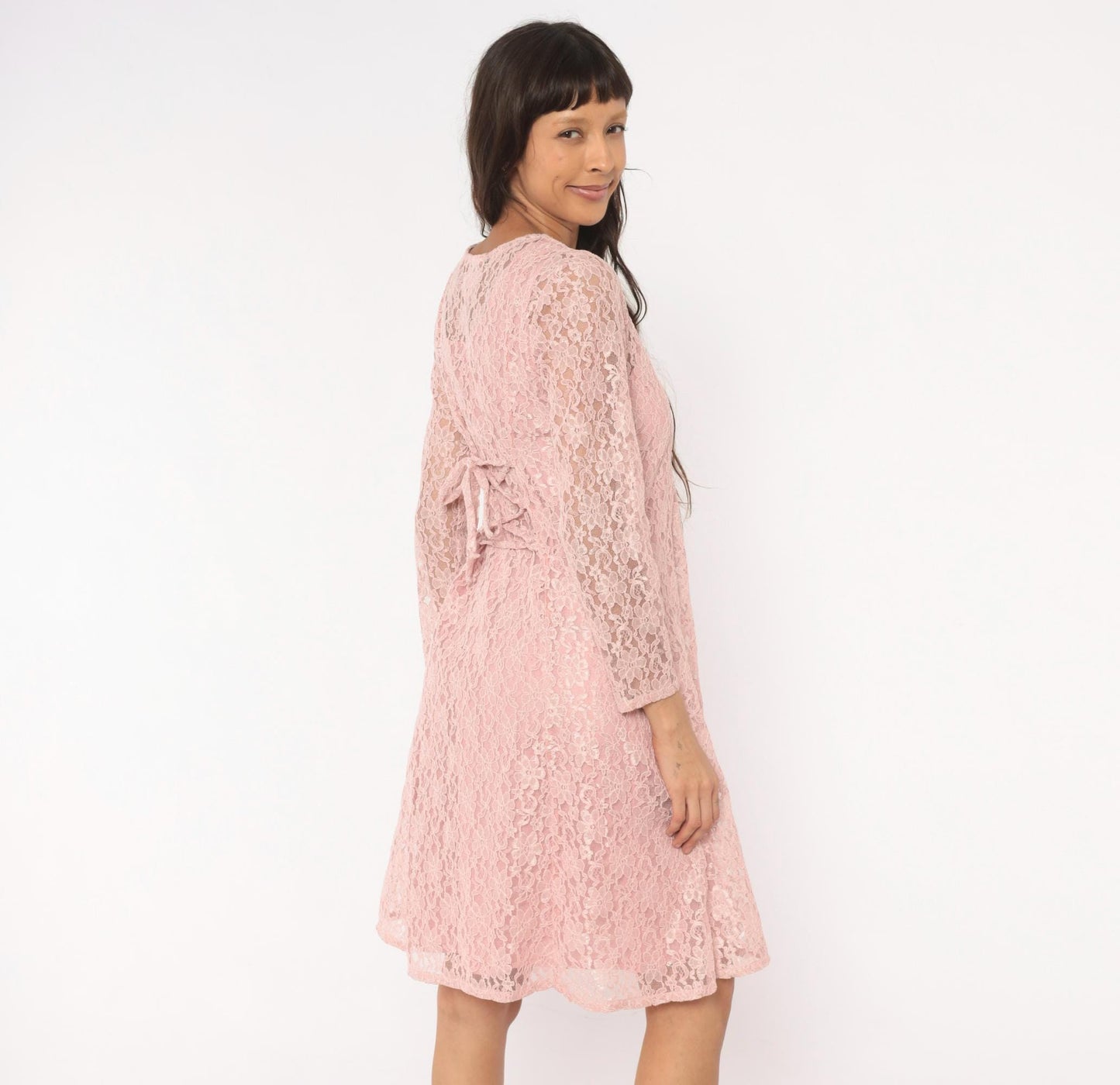 90s Allison Ann Blush Floral Lace Dress Button Front Corset Back Large L
