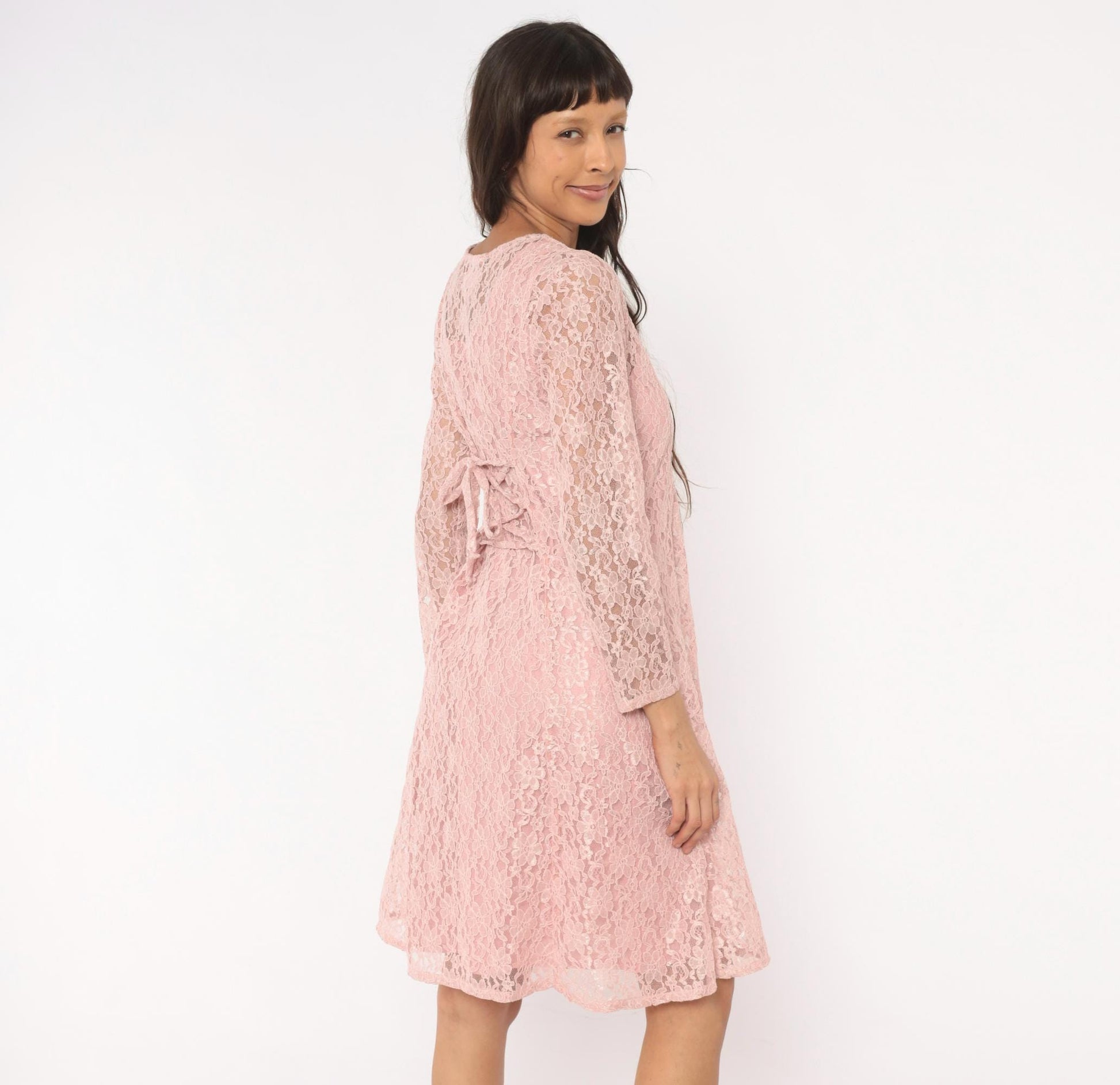90s Allison Ann Blush Floral Lace Dress Button Front Corset Back Large L