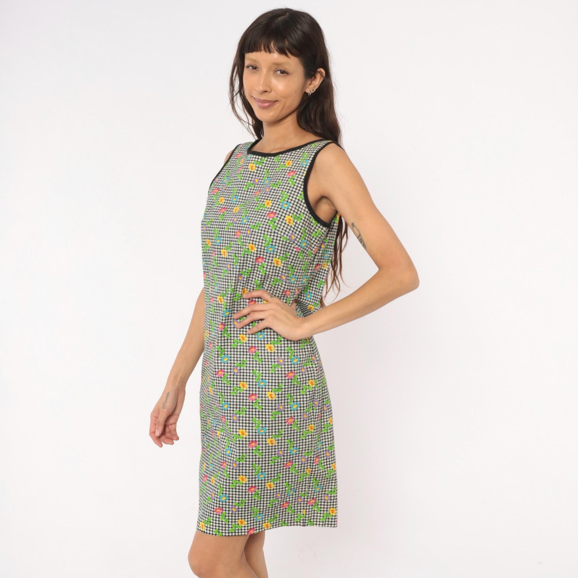 90s Misty Lane Gingham Daisy Shift Dress Cotton Black White Small