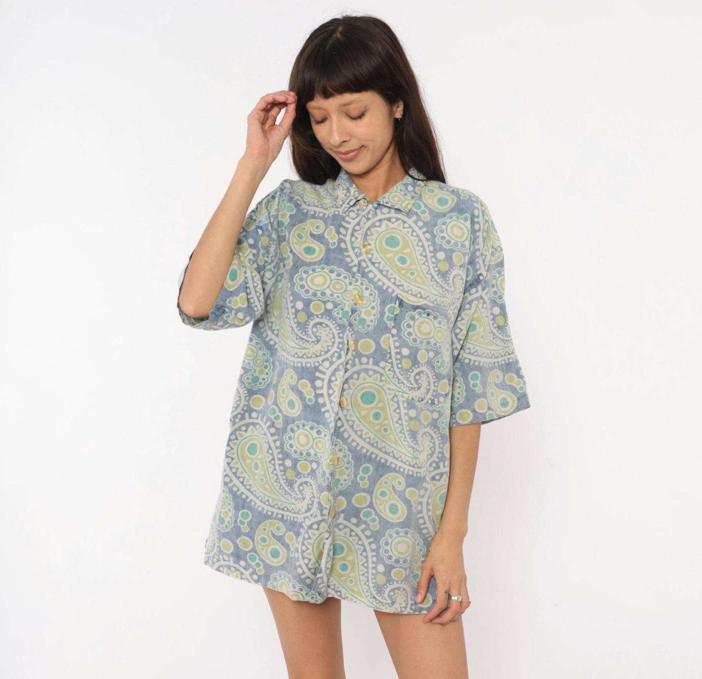 90s Robert Stock Island Style Paisley Camp Shirt Blue Green Mens Large L