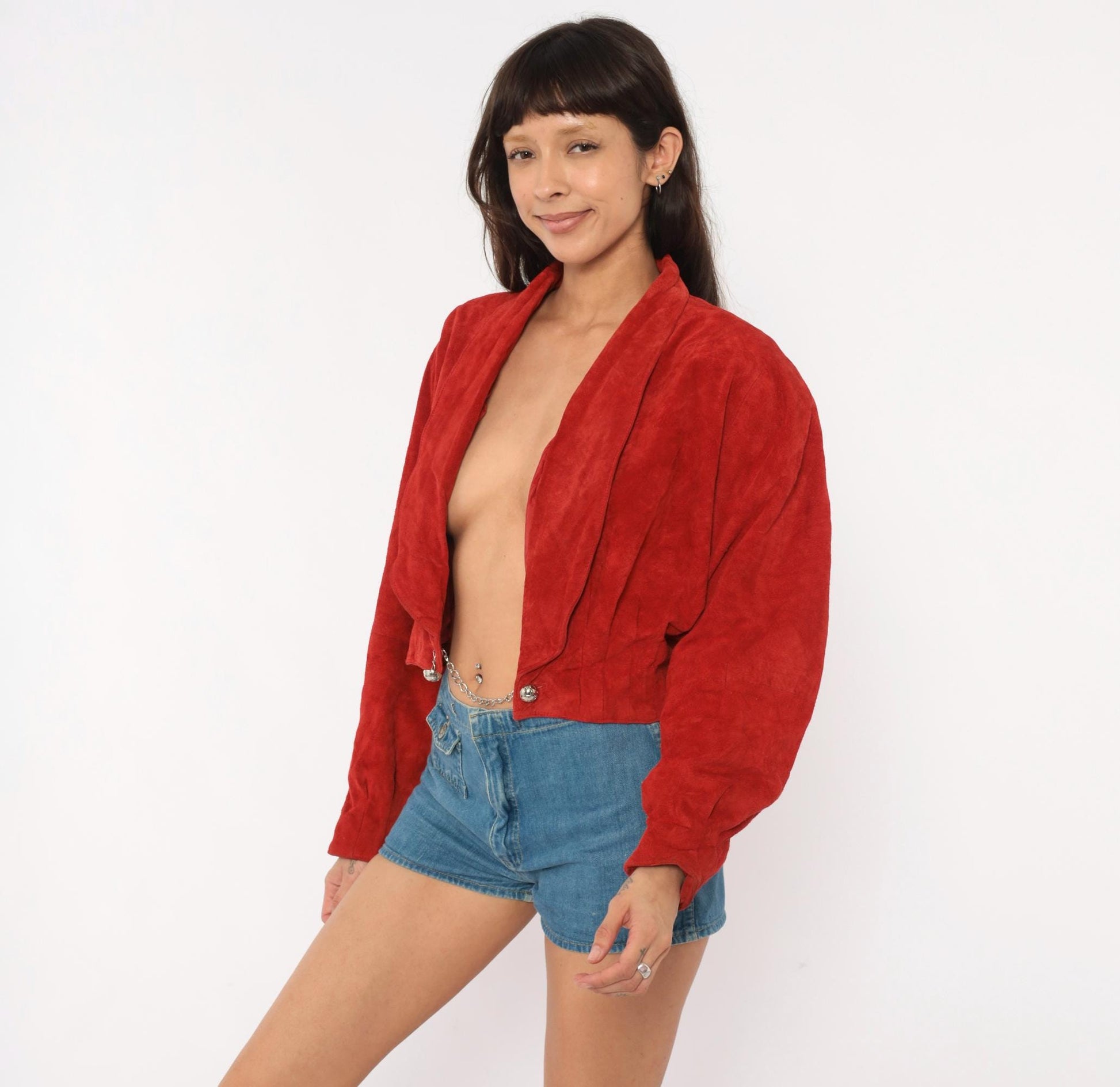 80s Wilsons Red Suede Cropped Jacket Dolman Sleeve Shawl Collar Large L