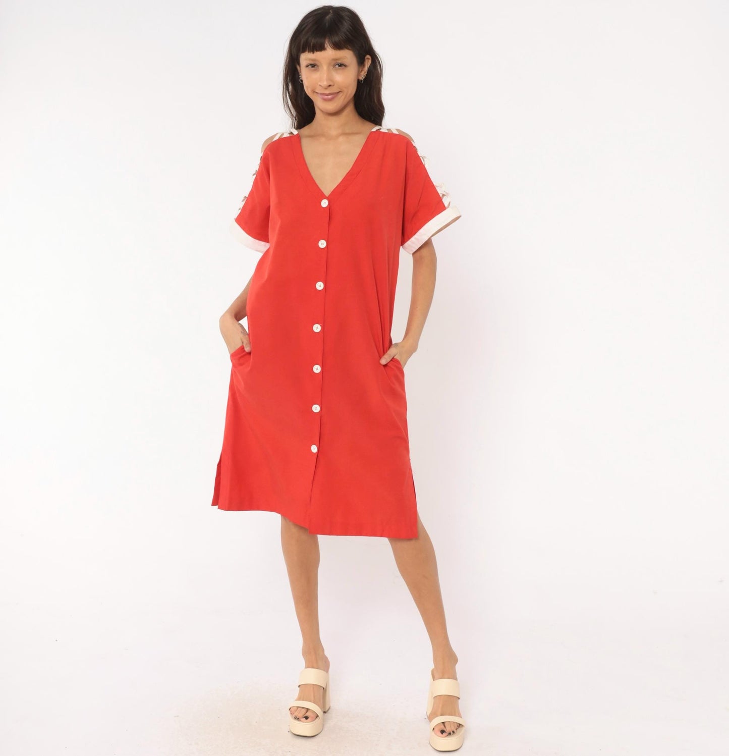 80s Act I Red Cotton Dress V-Neck Criss-Cross Cold Shoulder Large L