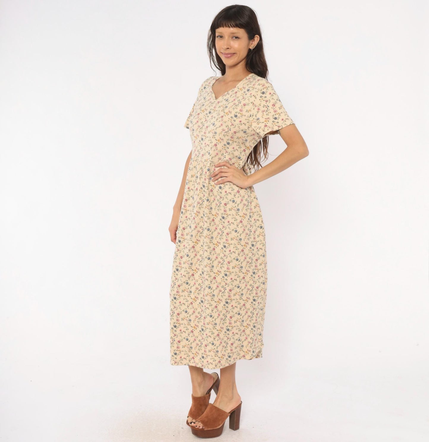 90s Blair Ditsy Floral Maxi Dress Cream Cotton Prairie V-Neck Medium Petite