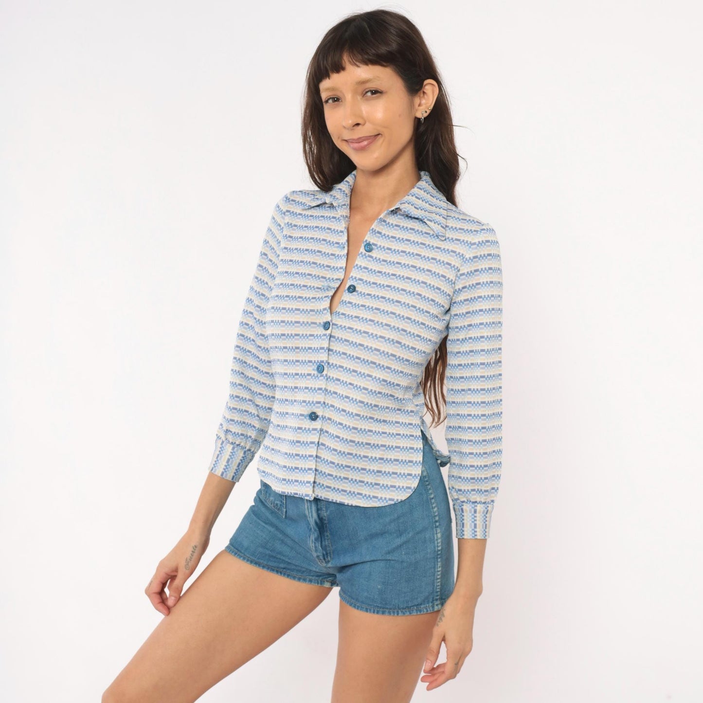 70s Geometric Stripe Button Blouse Blue Tan Pointed Collar Three Quarter Sleeve Extra Small