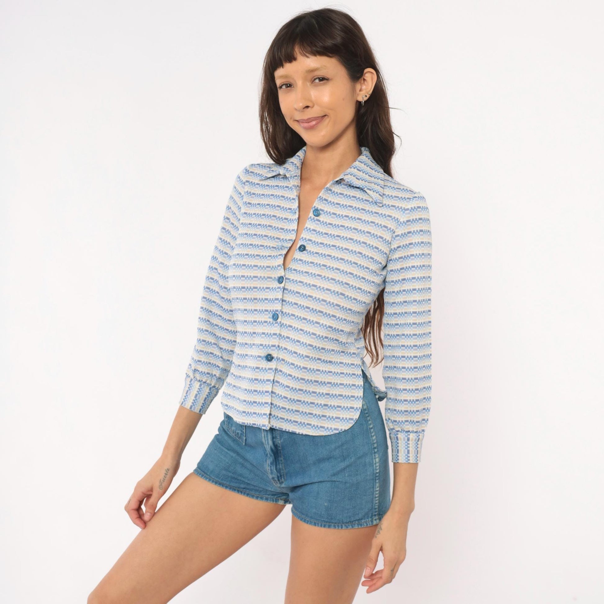 70s Geometric Stripe Button Blouse Blue Tan Pointed Collar Three Quarter Sleeve Extra Small