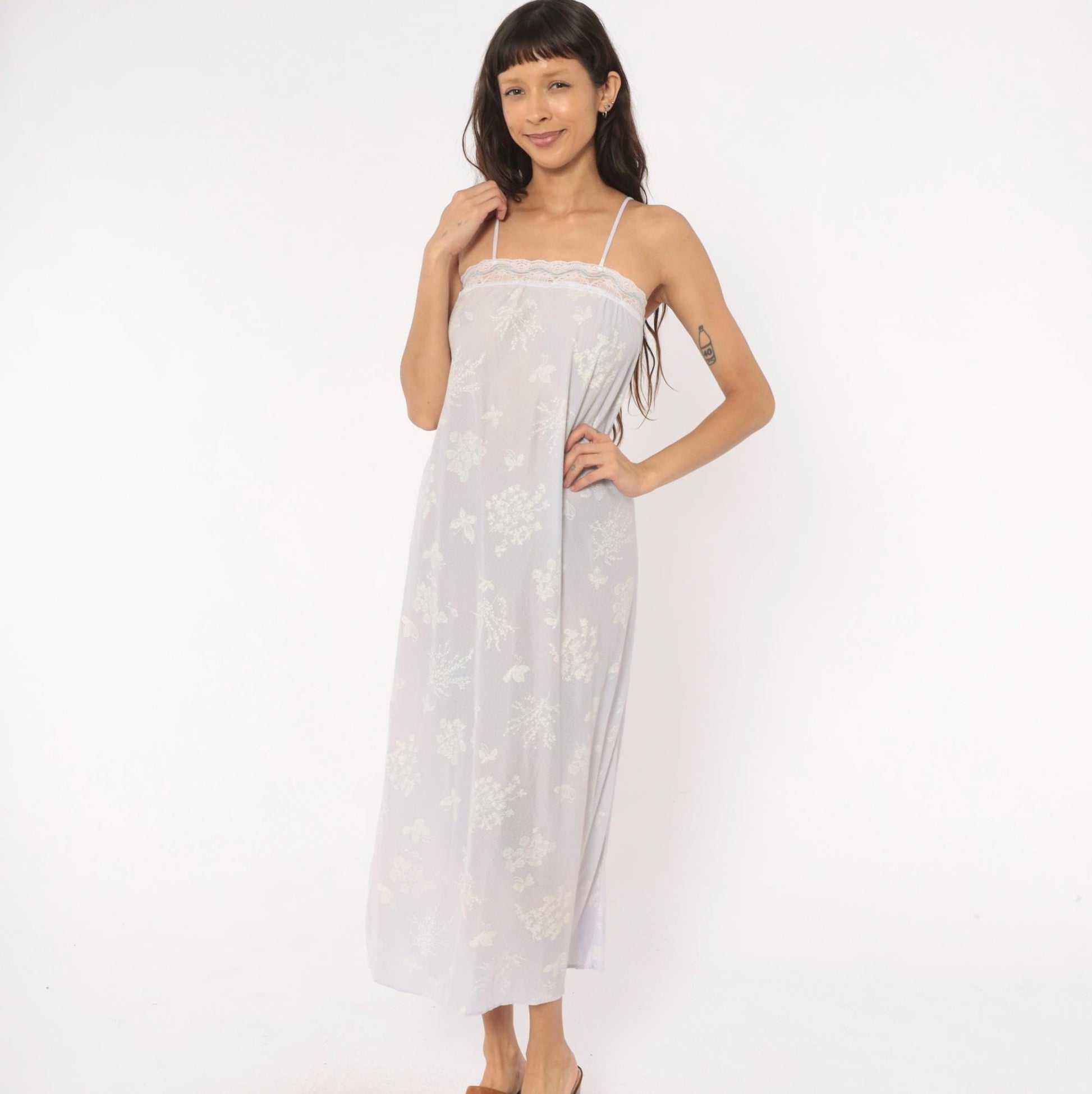 80s Lavender Floral Butterfly Maxi Nightgown Spaghetti Strap Lace Trim Small