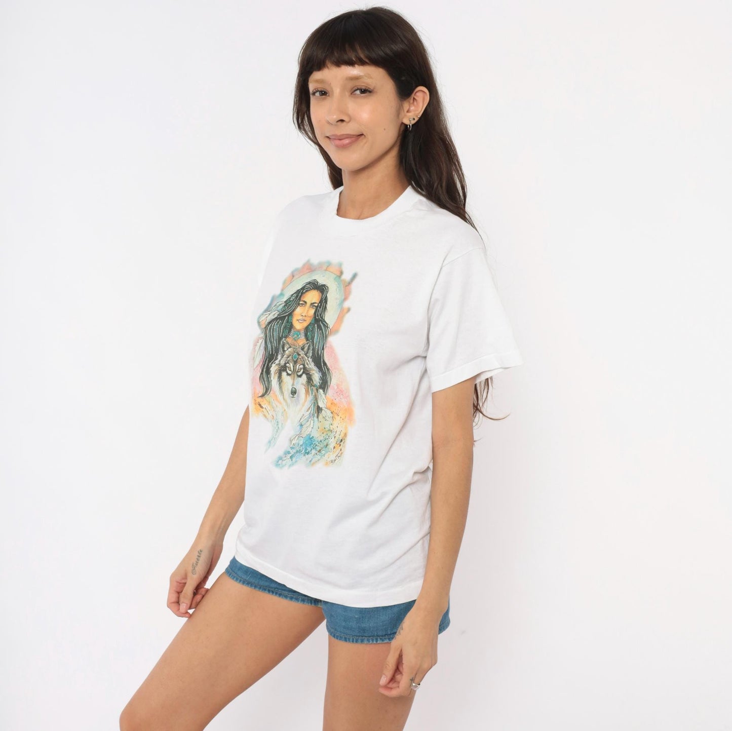 90s Wolf Moon Feather Graphic Tee Fruit Of The Loom White Medium