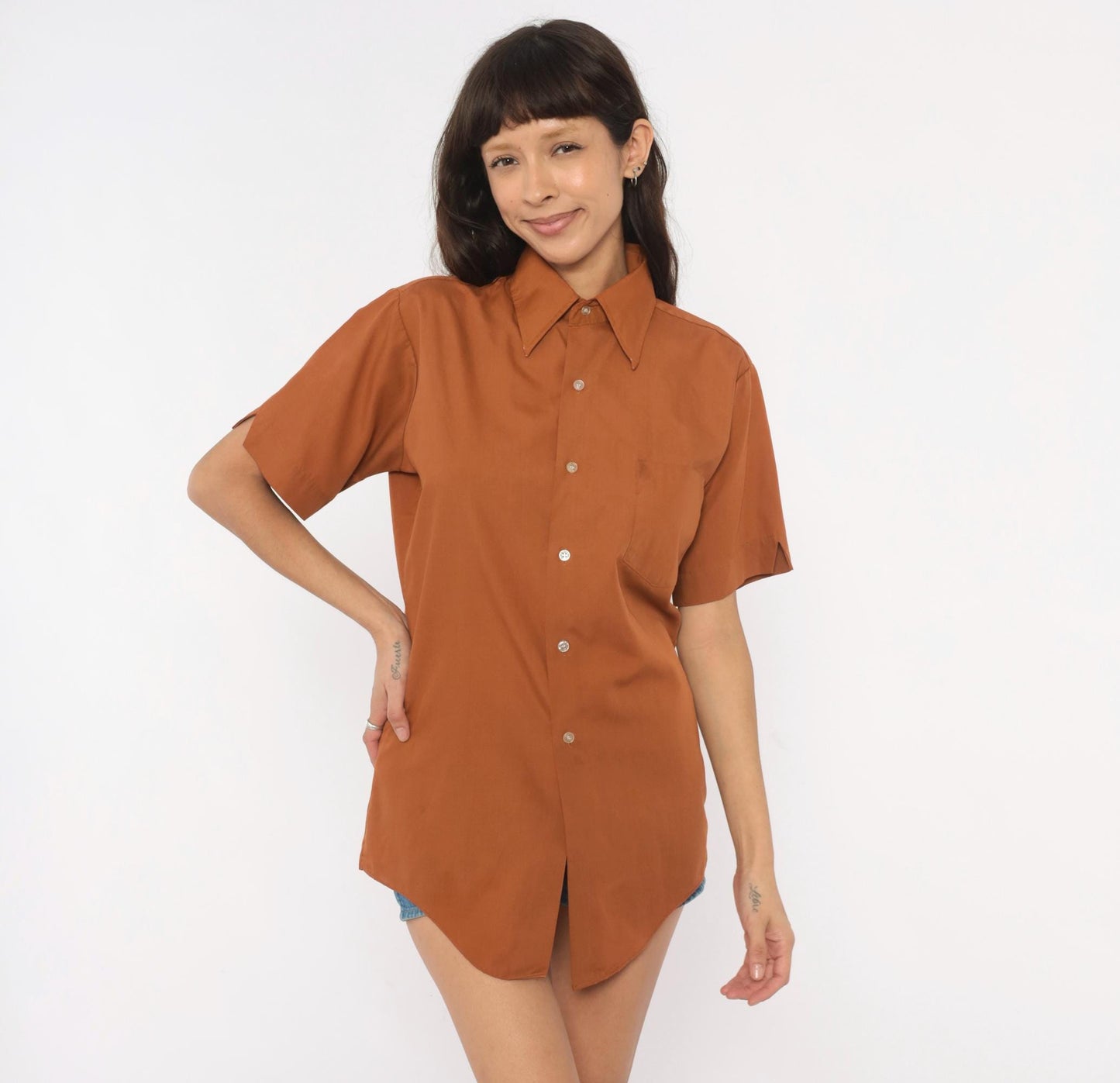 70s Fleetline Rust Button-Up Shirt Pointed Collar Short Sleeve Small