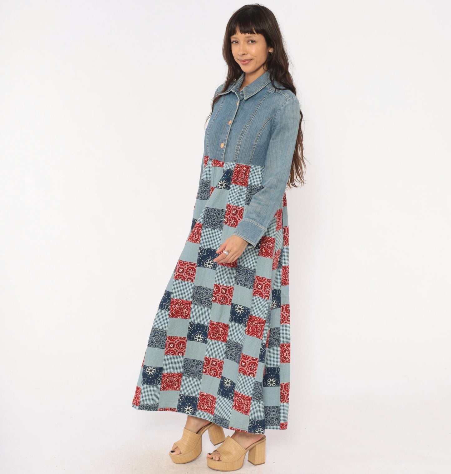 00s Valerie Stevens Patchwork Denim Maxi Dress Bandana Gingham Red Navy Medium