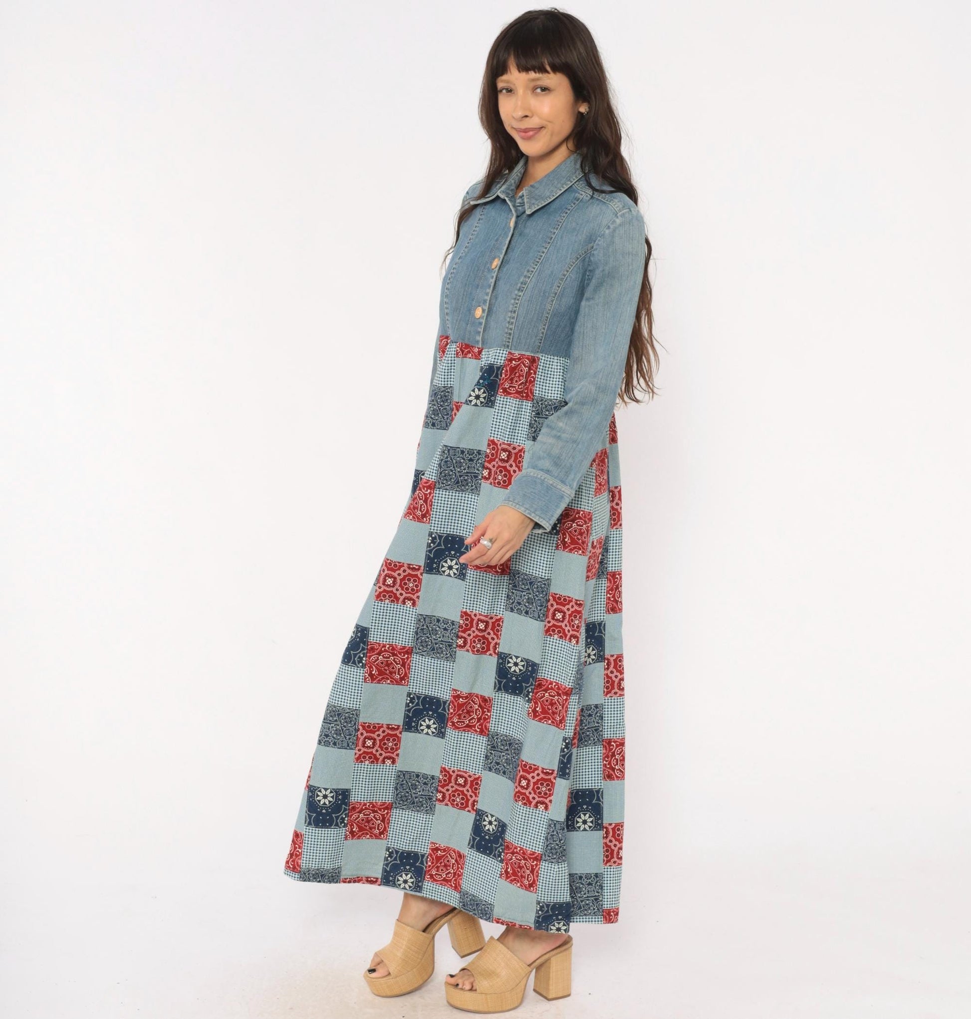 00s Valerie Stevens Patchwork Denim Maxi Dress Bandana Gingham Red Navy Medium
