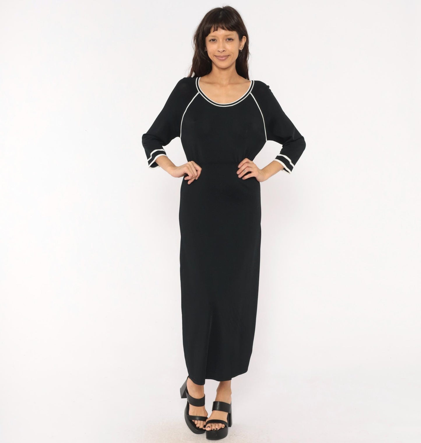 90s Norm Thompson Black Knit Maxi Dress Scoop Neck White Piping Small