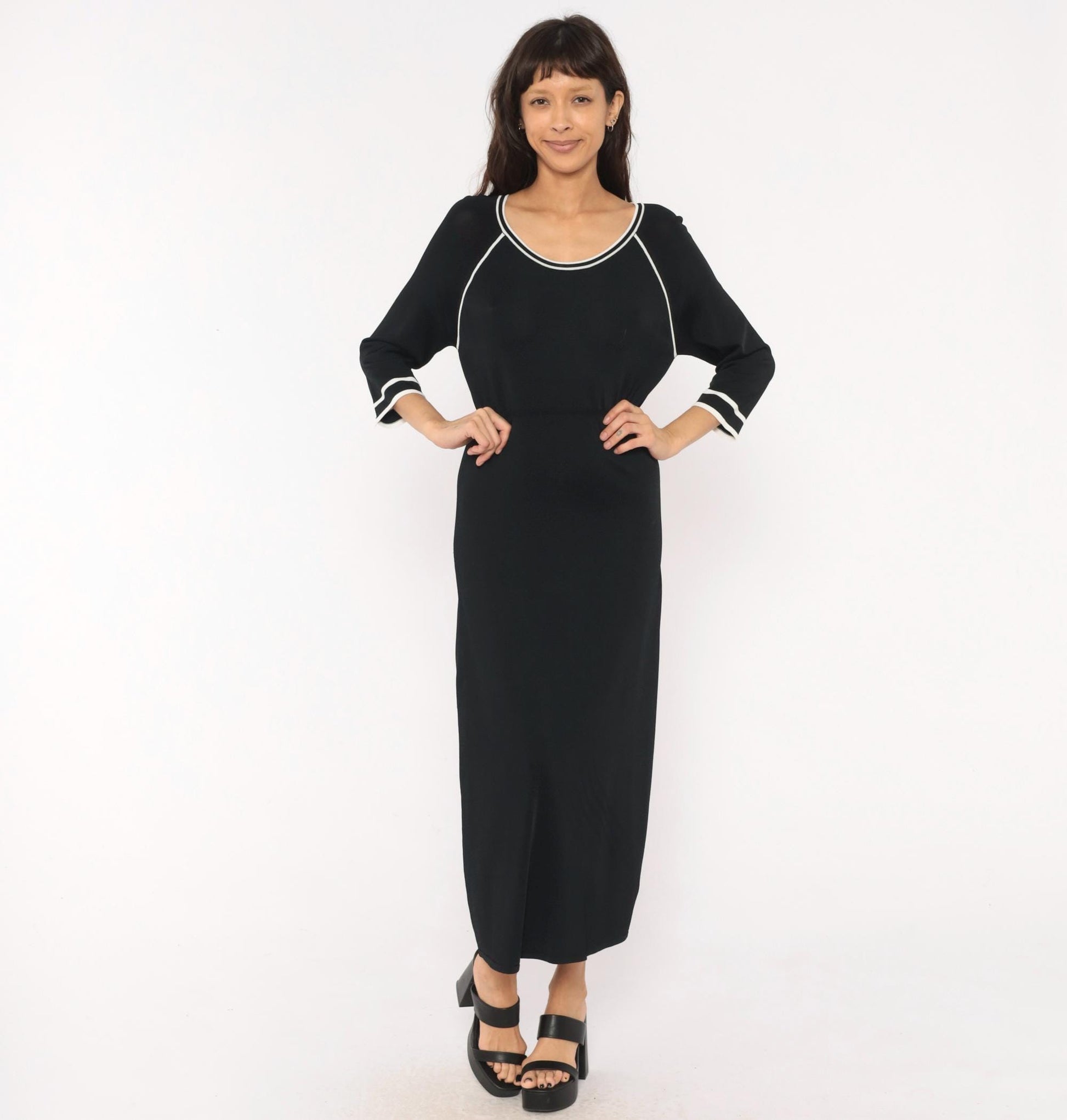 90s Norm Thompson Black Knit Maxi Dress Scoop Neck White Piping Small