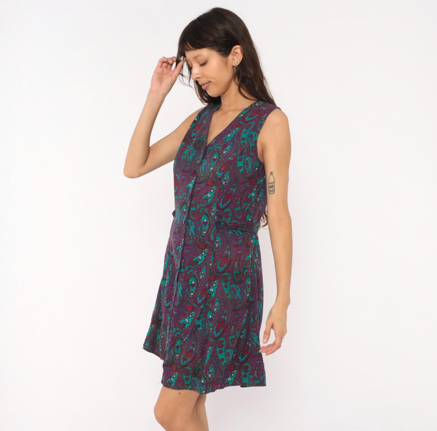 80s Tr Bentley Paisley Floral Dress Purple Teal Button Front Sleeveless Medium