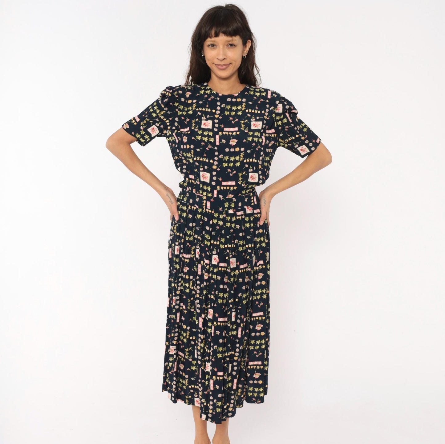 90s Karin Stevens Botanical Midi Dress Navy Floral Puff Sleeve Medium M