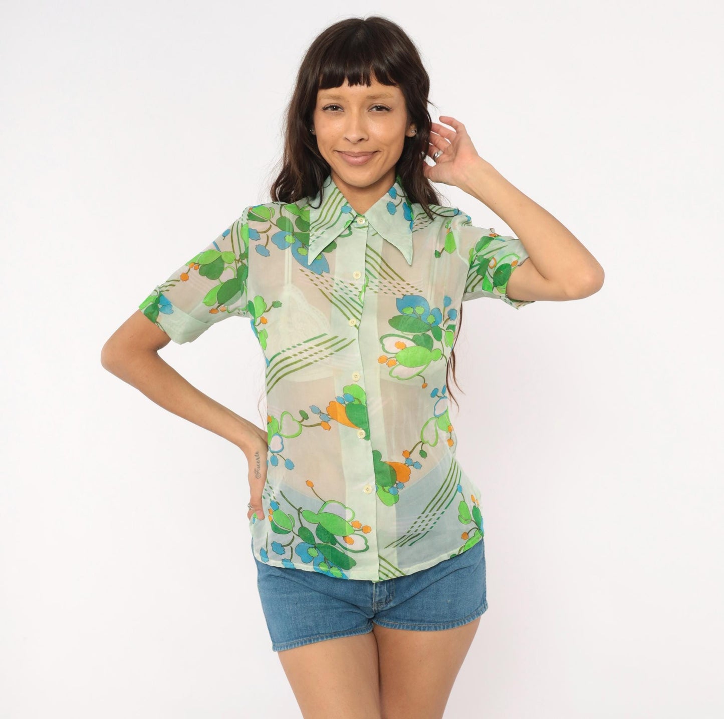 70s Nobel Floral Button-Up Blouse Mint Green Blue Orange Pointed Collar Small