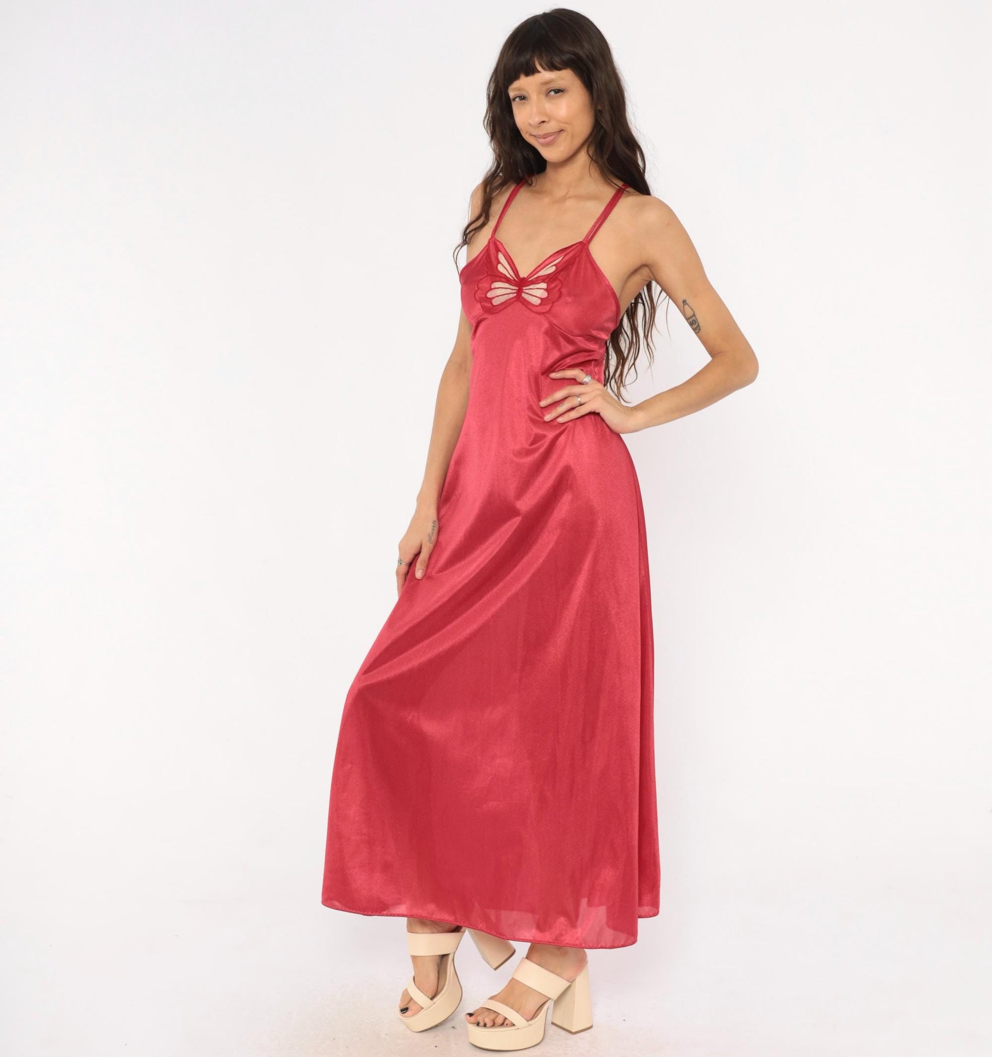 70s Berry Red Butterfly Cutout Nylon Nightgown Maxi Spaghetti Strap Small