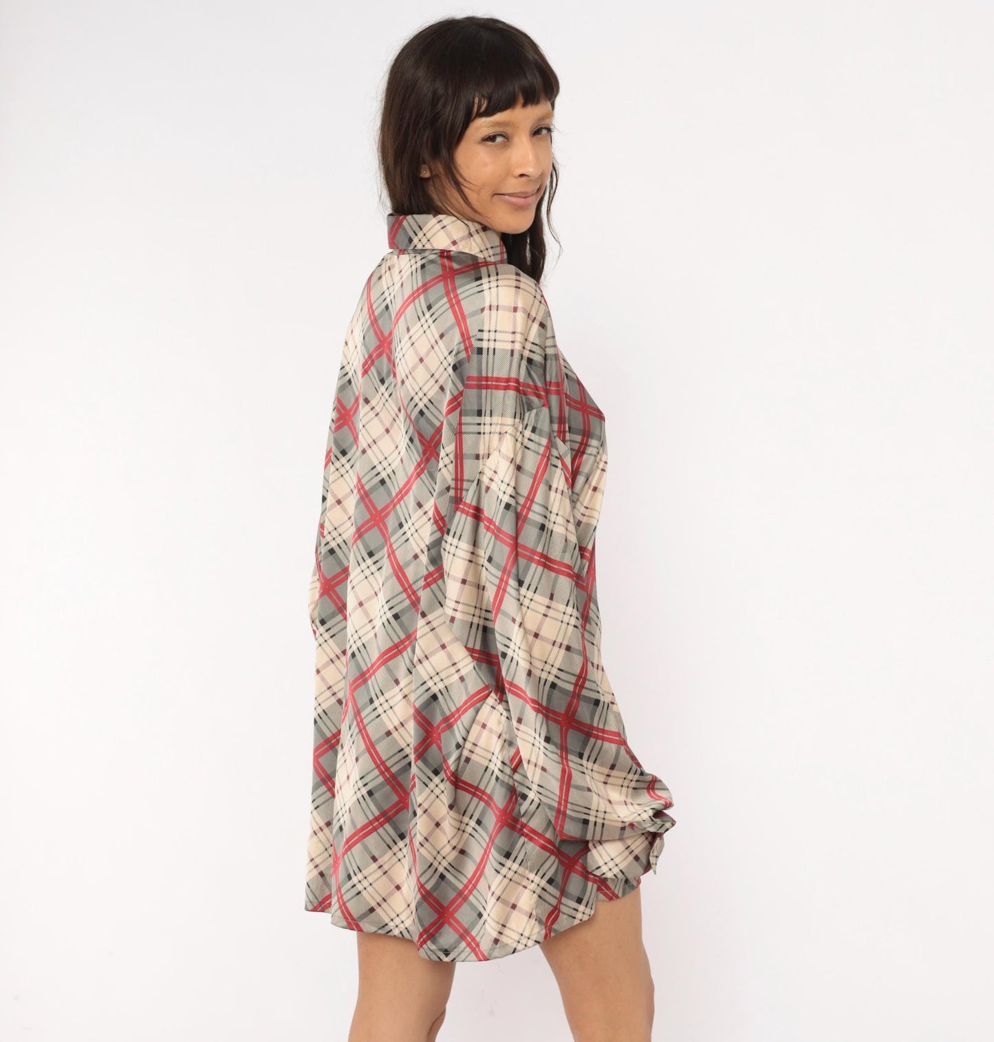 70s Monzini Plaid Button-Front Shirt Burgundy Pointed Collar Extra Large XL