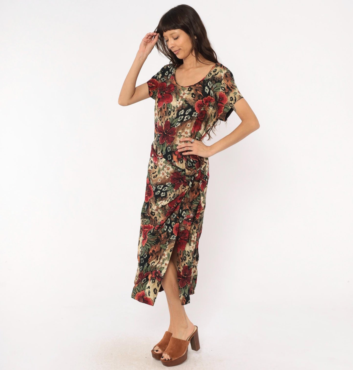 90s Lew Magram Floral Leopard Midi Dress Red Hibiscus Animal Print Large L