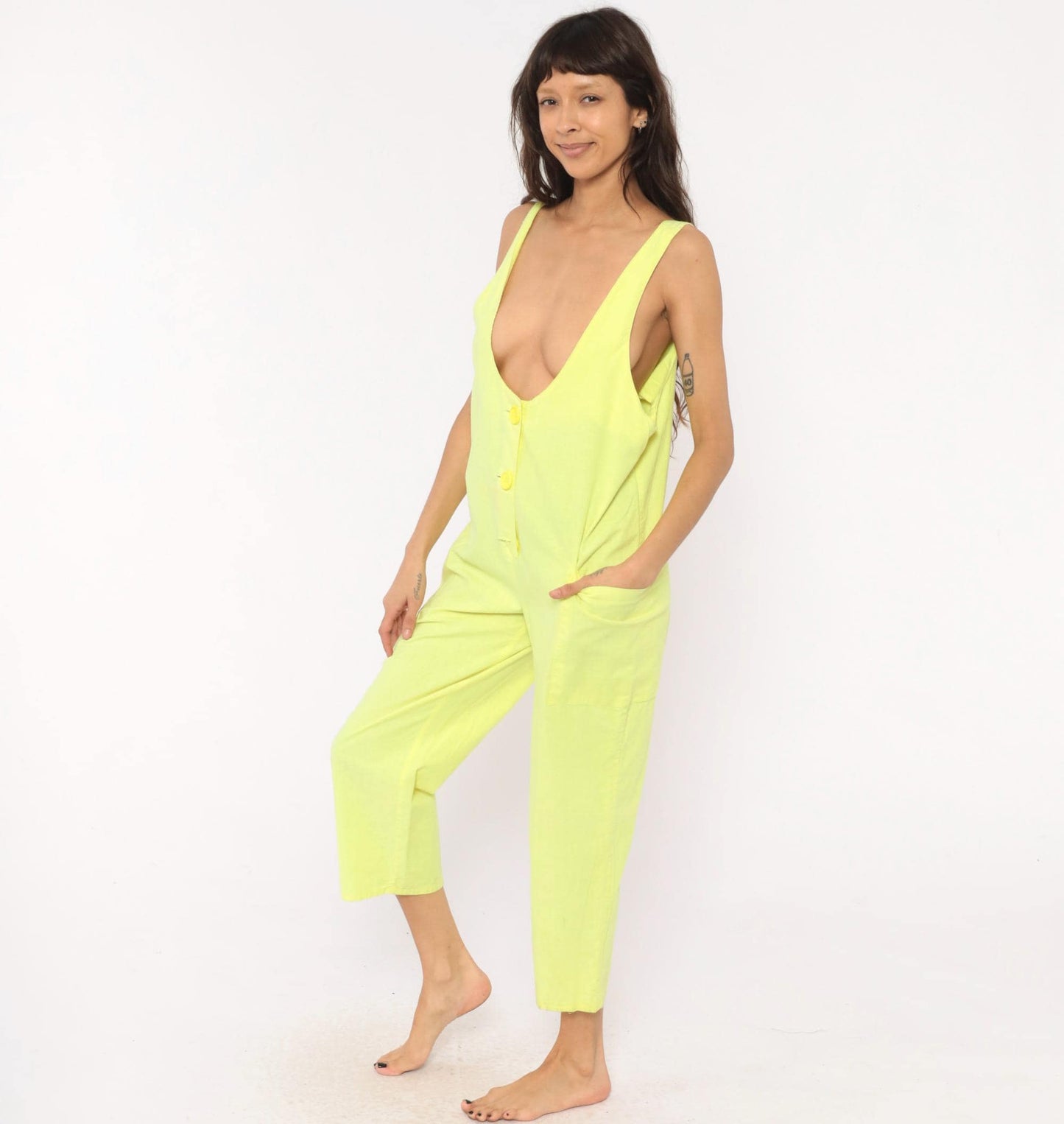 90s Ginger Neon Yellow Cotton Jumpsuit Deep V Neck Ankle Length Medium M
