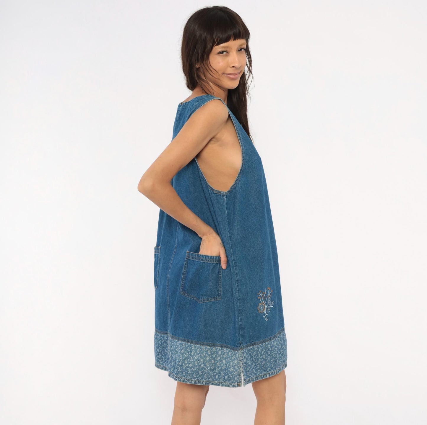 90s Erika & Co. Denim Shift Dress Embroidered Floral Cobalt Extra Large XXL