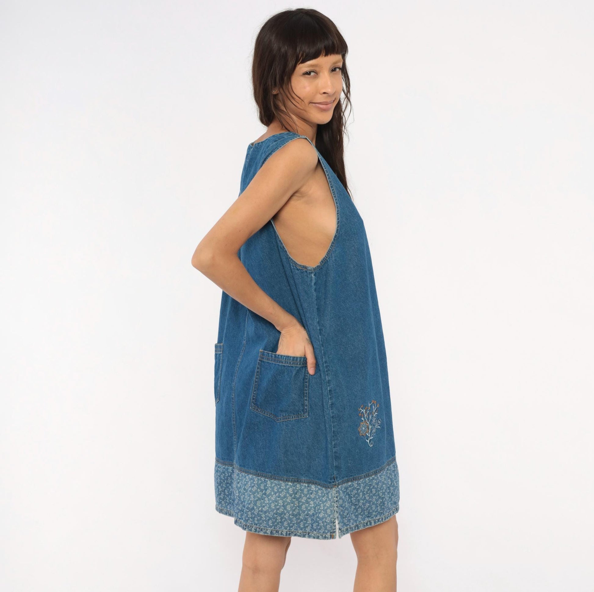 90s Erika & Co. Denim Shift Dress Embroidered Floral Cobalt Extra Large XXL