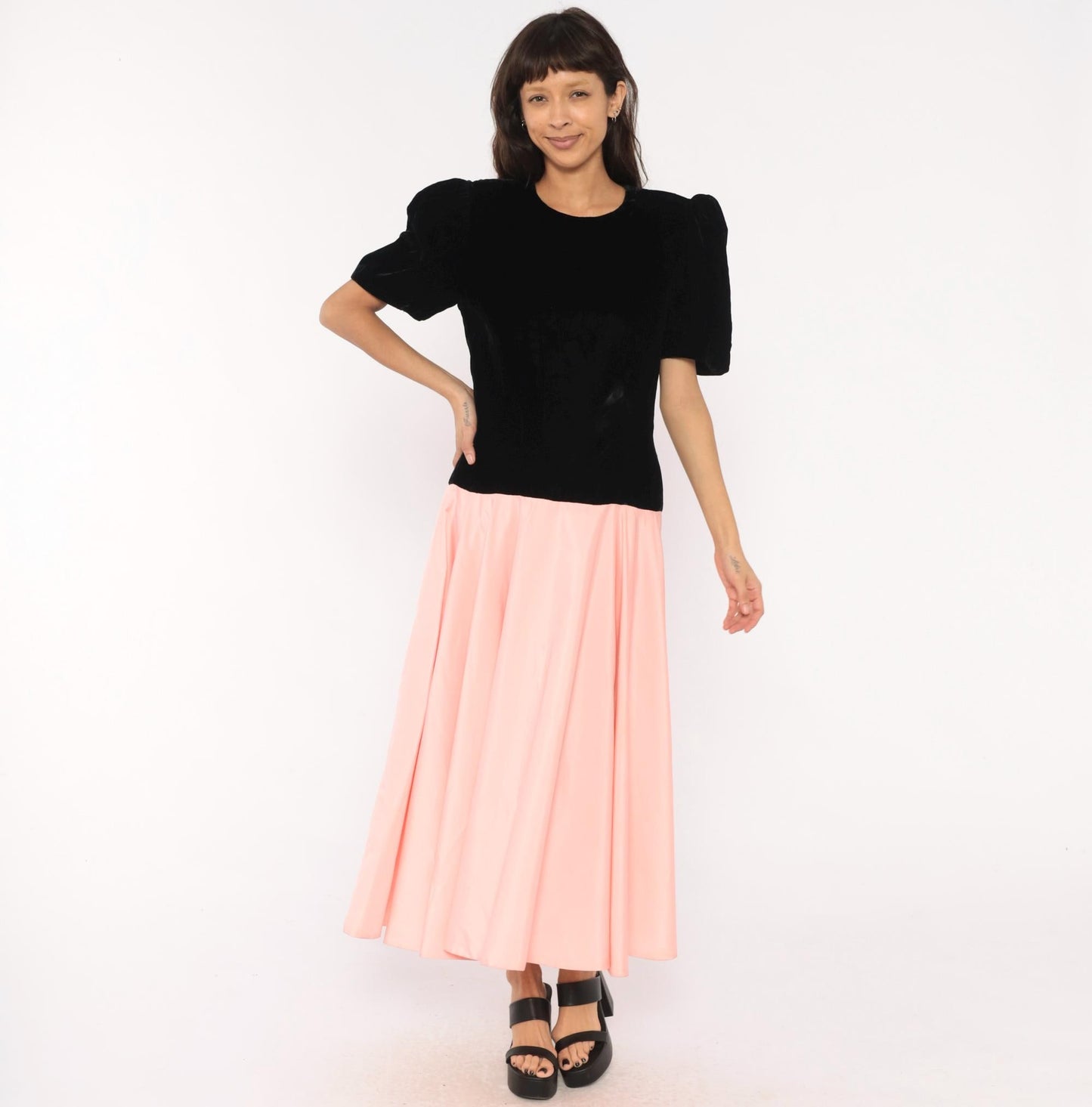 80s S.G. Gilbert Black Velvet Puff Sleeve Maxi Dress Pink Satin Bow Large